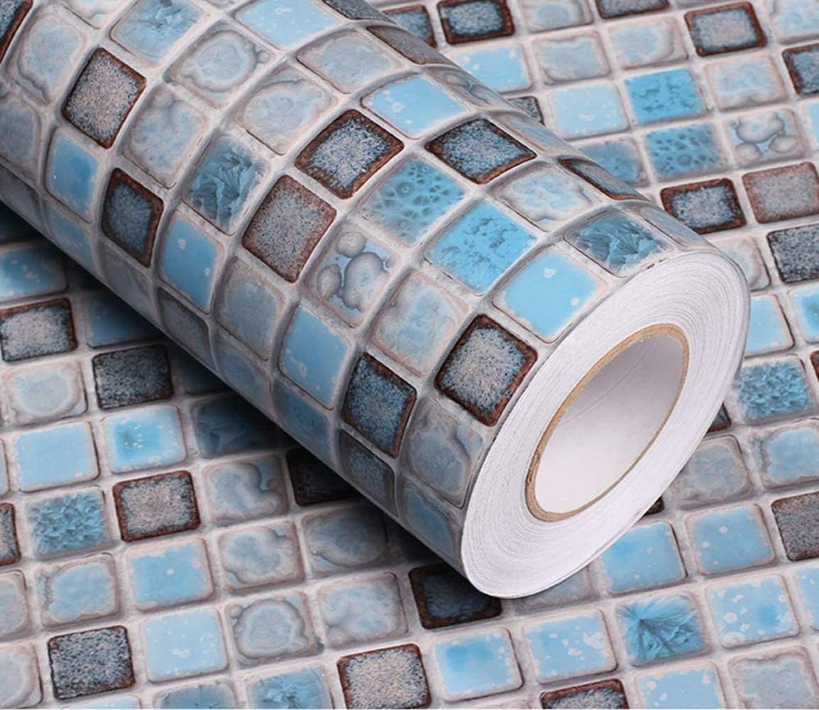 Abyssaly Mosaic Paper Self-Adhesive Thick Removable Peel and Stick Matte Wallpaper for Bathroom Kitchen Counter Blue Shelf Paper 15.7 inch x 78.7 inch