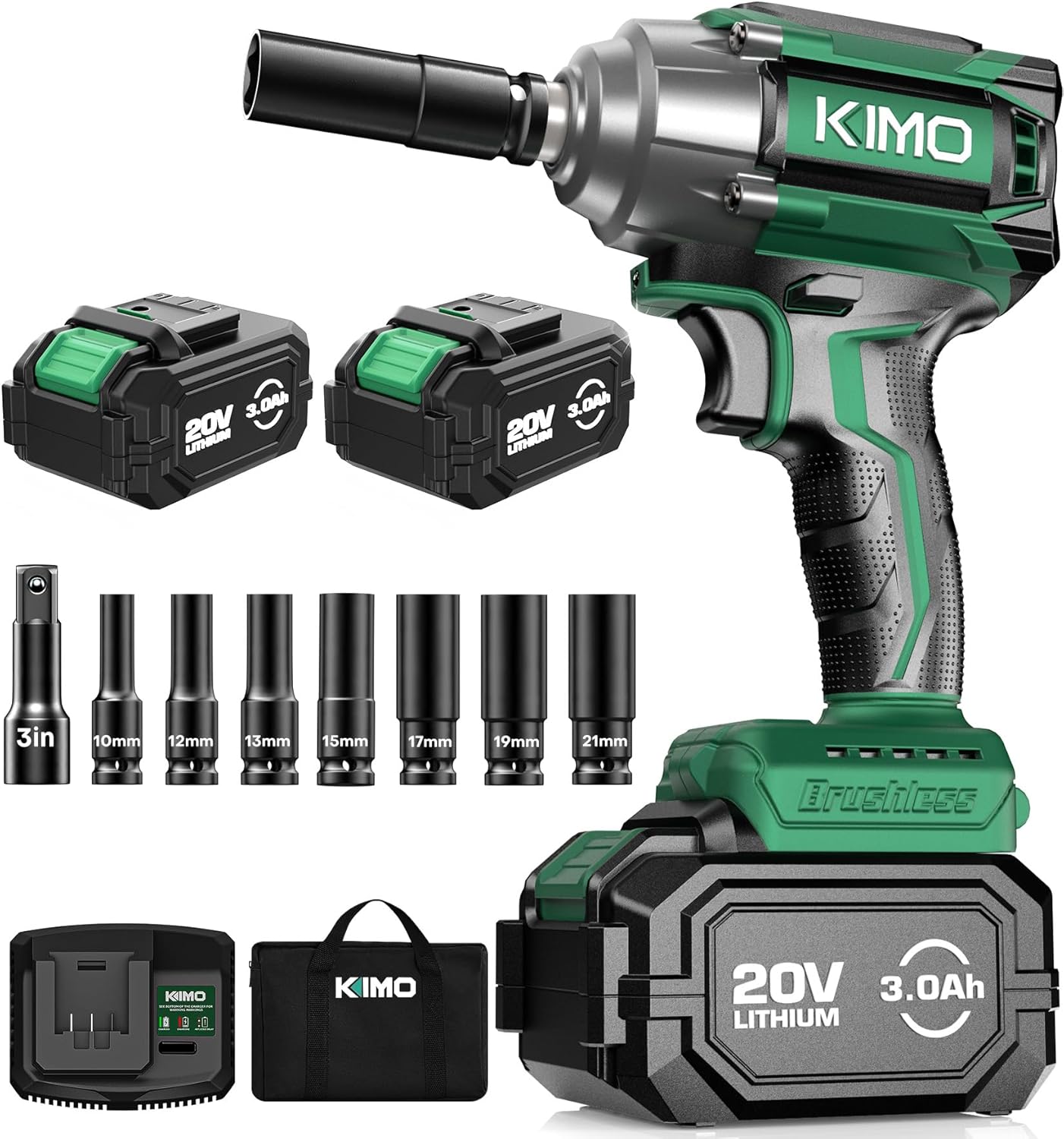 KIMO Cordless Impact Wrench, 3000 RPM & Max Torque 350 ft-lbs (475N.m), 1/2 Impact Gun with 2x 3.0Ah Li-ion Battery, 7 Drive Impact Sockets, 3 Inch Extension Bar, 1 Hour Fast Charger,1/2 Impact Driver