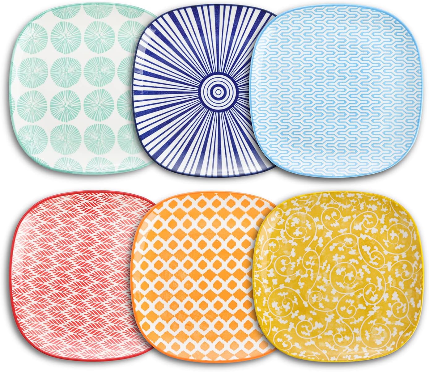 Selamica Porcelain Square Dessert Salad Pasta Plates 7.6 inches ceramic plates set of 6 microwave/dishwasher/oven safe, Assorted Colors