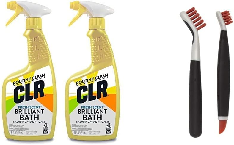 CLR Brilliant Bath Foaming Bathroom Cleaner Spray - For Use On Toilet, Bath, Shower, Sink, Glass, Stainless Steel - Fresh Scent, 26 Ounce Bottle (Pack Of 2) & OXO Good Grips Deep Clean Brush Set