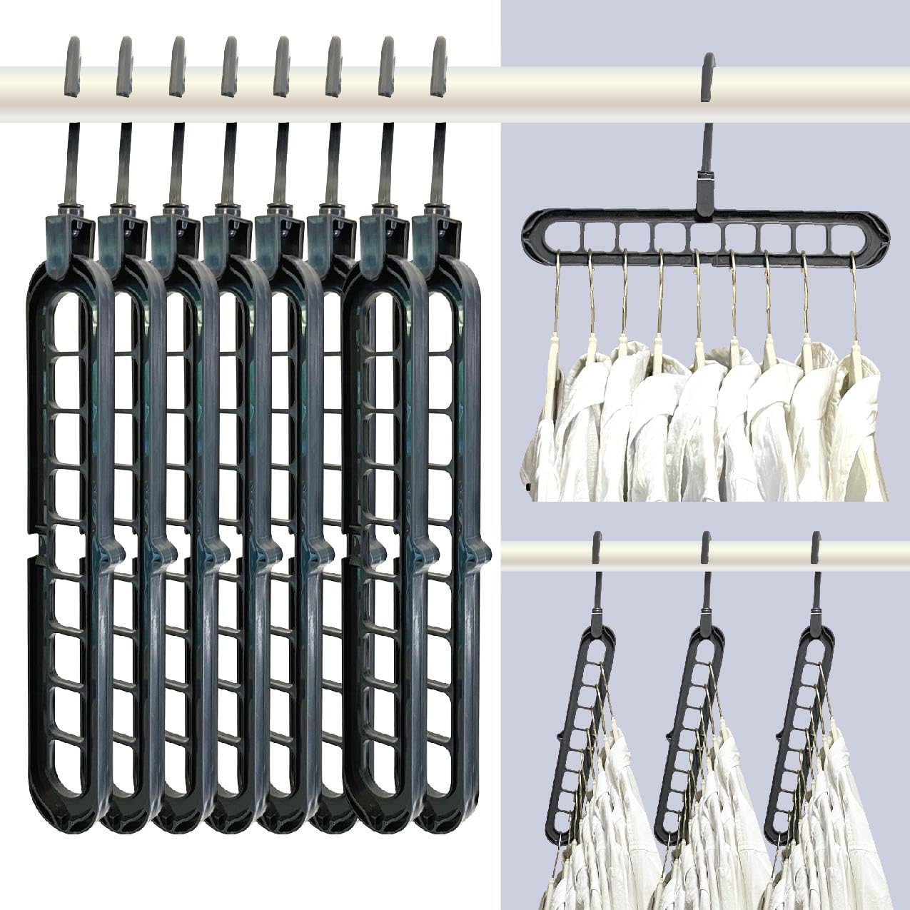 Slide Space Saving Clothes Hanger Organizer 8-Pack Easily Cascades Down to Maximize Closet Storage, Each Hanger Includes 9 Slots Holds 72 Garments (Grey)