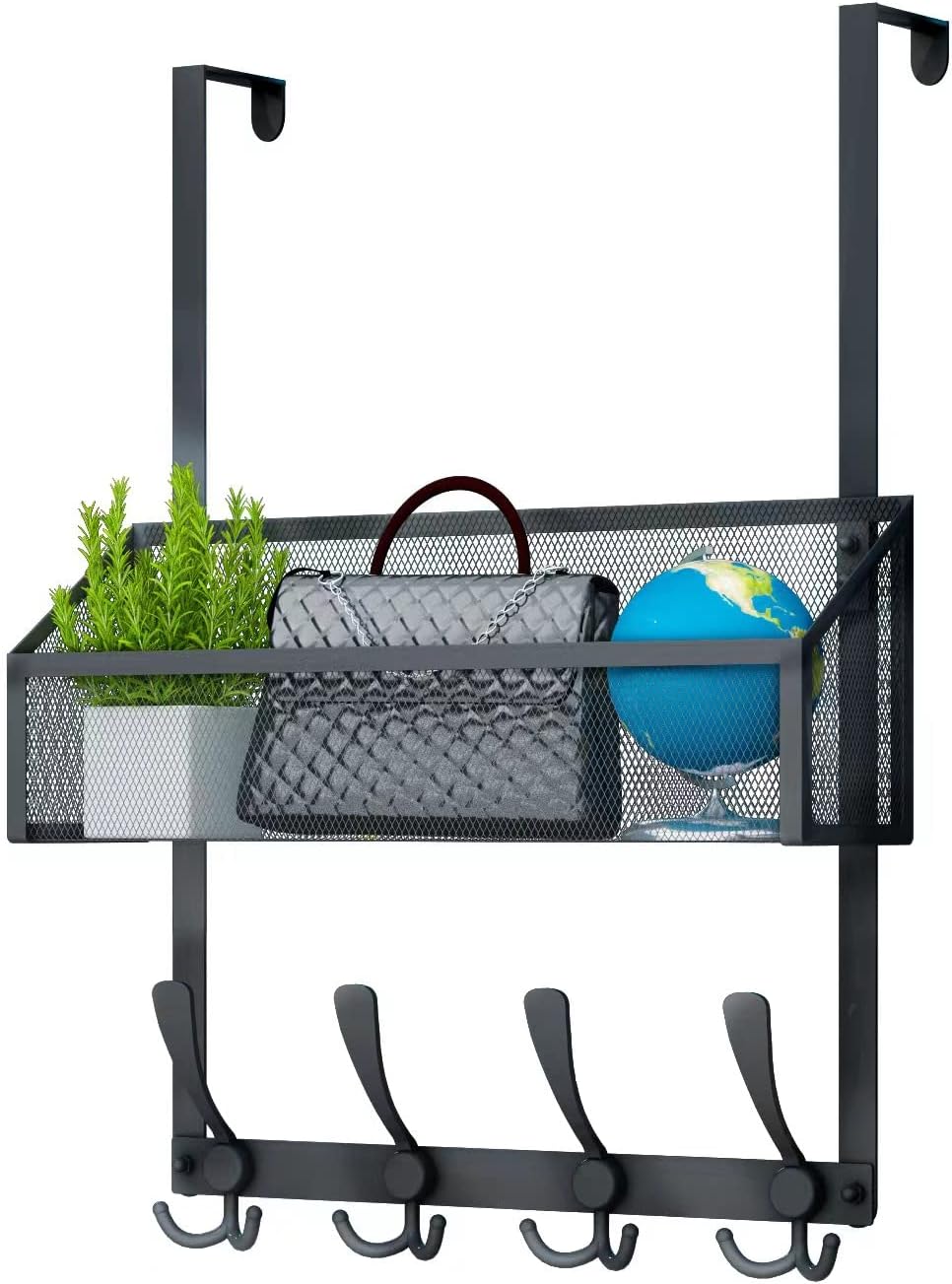 Hooks Organizer, Stainless Steel 12-Hook Over The Door Organizer with Mesh Basket, Bathroom Kitchen Bedroom Office Organizer (Black)