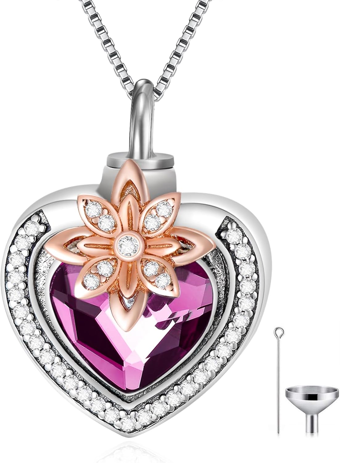 AOBOCO Cremation Jewelry 925 Sterling Silver Heart Flower Butterfly Urn Necklace for Ashes, Cremation Keepsake Necklace Embellished with Austrian Crystal, Women Memorial Jewelry