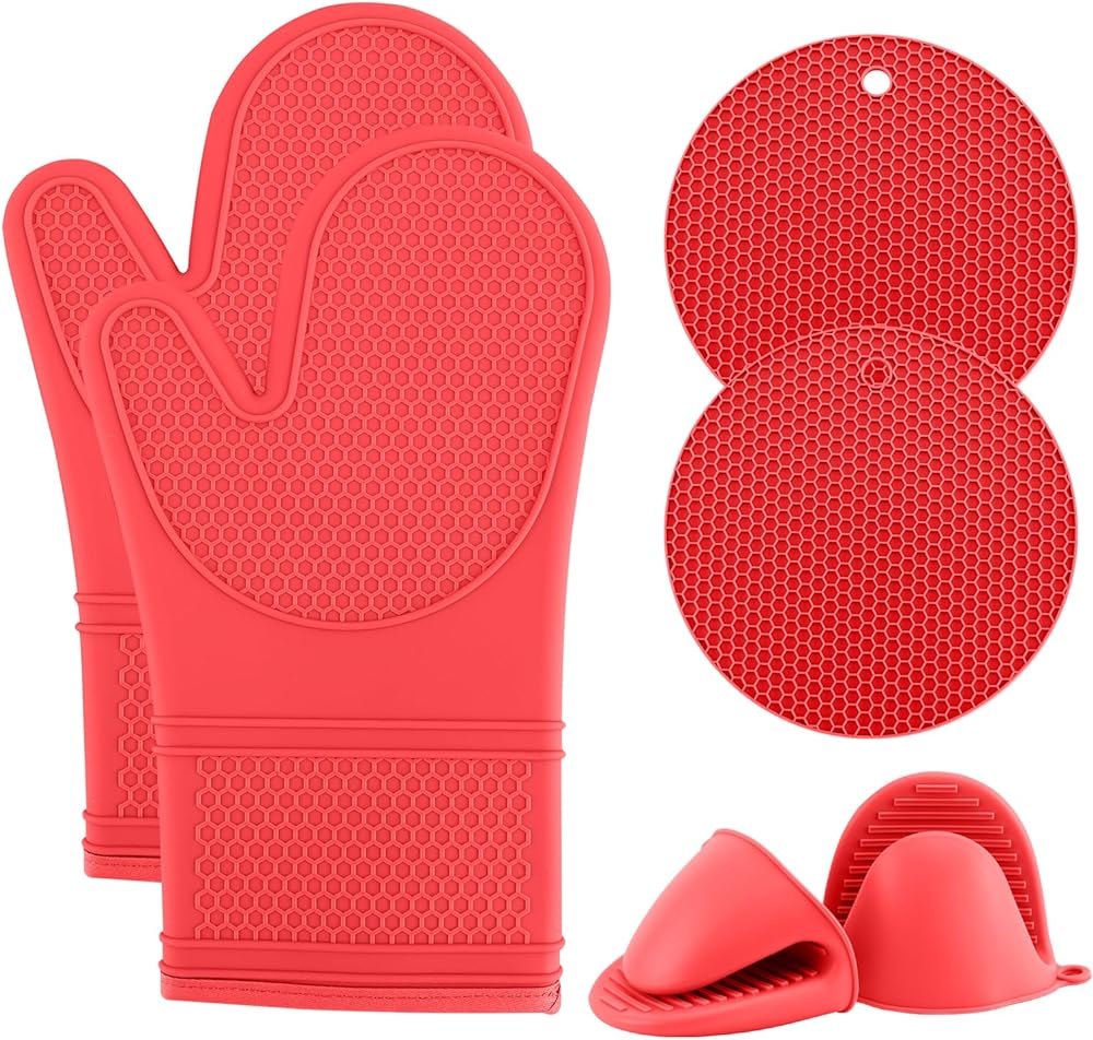 COOK WITH COLOR Silicone Oven Mitt Set- 6 PC. Set - Heat Resistant Gloves with Soft Quilted Lining Set of 2 Oven Mitt Pot Holders, 2 Silicone Trivets, 2 Fingertip Mitss for Cooking and BBQ (Red)