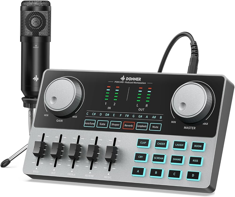 Donner Podcast Equipment Bundle, Podcast Kit Music Production Equipment with Audio Interface/Soundboard, All-in-One Podcast Kit with Condenser Microphone for PC/Phone/Pad for Streaming/Recording