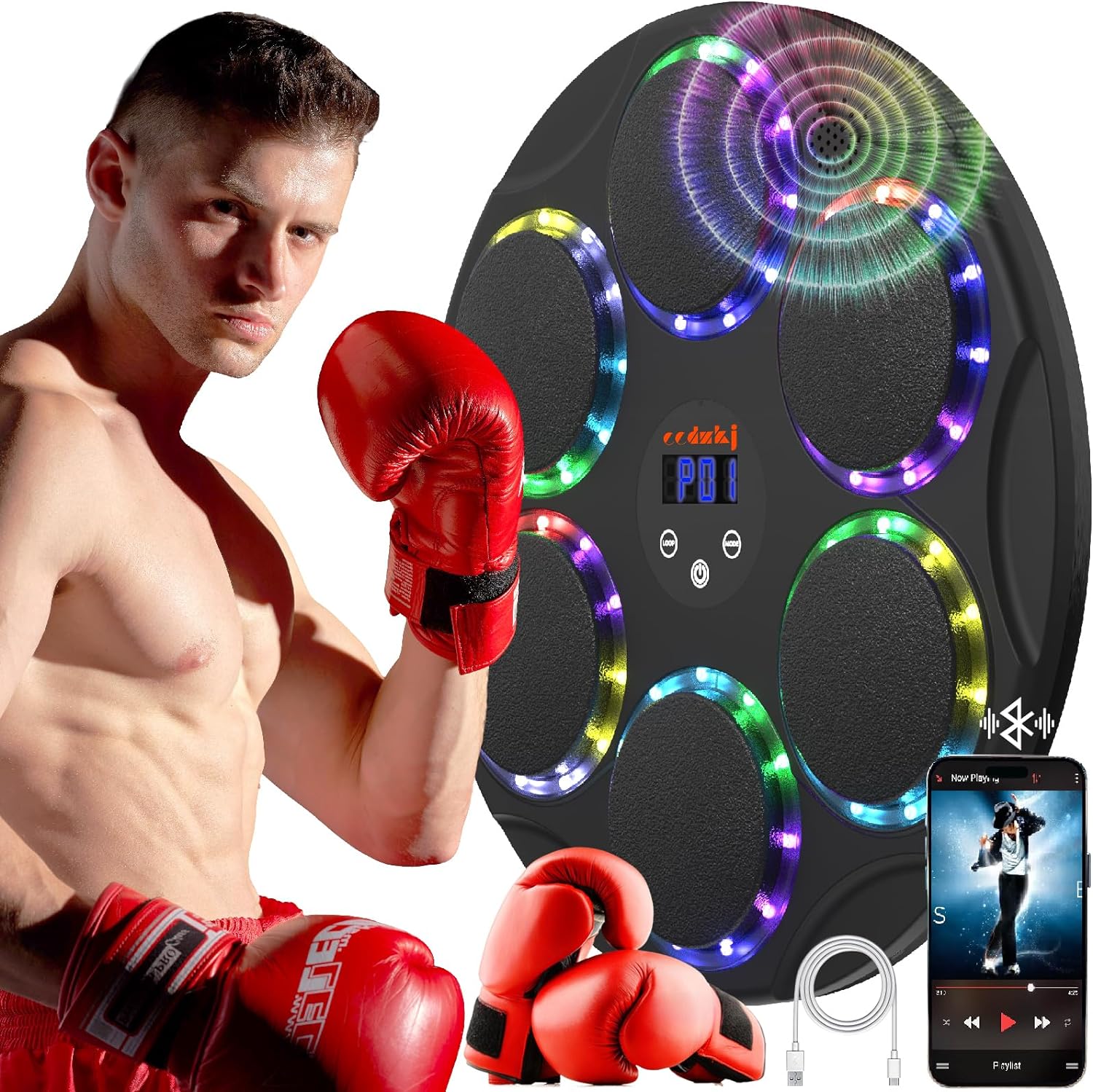 Music Boxing Machine with Boxing Gloves,Music Boxing Machine for Adults and Kid,Colorful LED Wall Mounted Smart Bluetooth Music Boxing Trainer,Boxing Music Workout Machine for Home and Gym