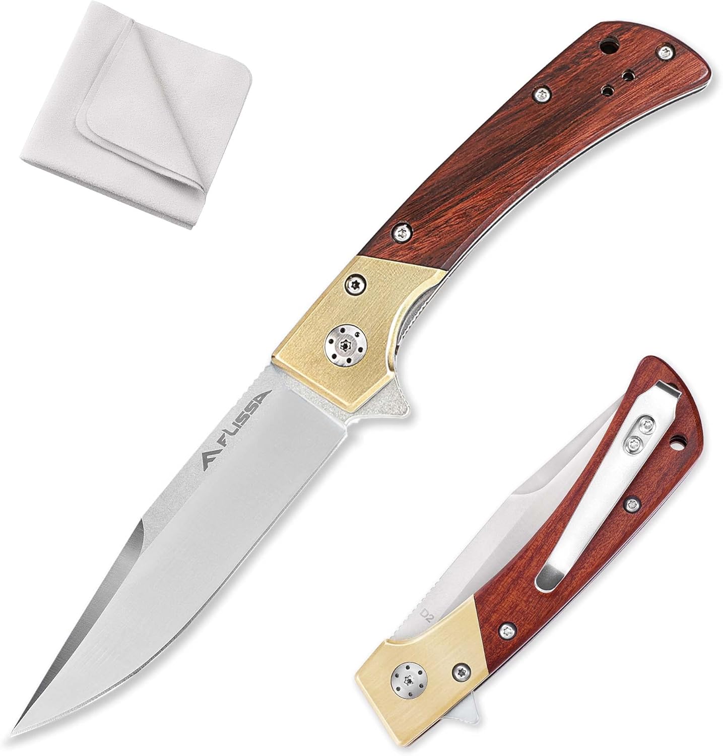 FLISSA D2 Steel Pocket Knife, Folding Knife with Ball Bearing, Elegant Copper & Wood Handle, Liner Lock, Pocket Clip, Cleaning Cloth, Perfect for EDC, Daily Use, Outdoor