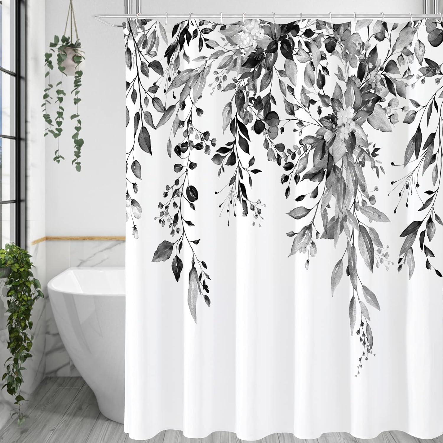 Gibelle Extra Long Shower Curtain 72 x 84, Black and White Floral Shower Curtain, Watercolor Plant Eucalyptus Leaves Fabric Shower Curtain Set with Hooks