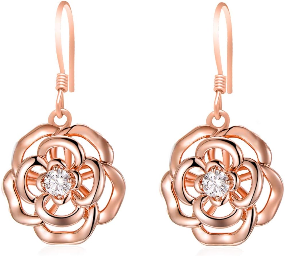 AOBOCO Sterling Silver Rose Flower Earrings, Rose Gold Plated, Clear Crystal from Austria, Hypoallergenic Dangle Drop earrings, Anniversary Birthday Jewelry Rose Flower Gifts for Women