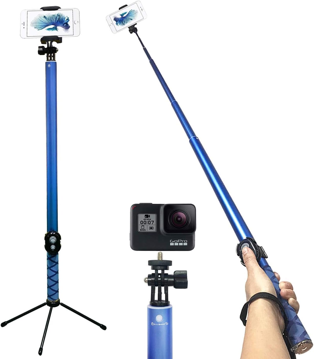 Bluetooth Long Selfie Stick- Super Length Lightweight Extendable Pole from 20'' to 118'' Built-in Wireless Remote Shutter Grip Holder Mount Compatible iPhone Samsung Android Cell Phone(Blue)