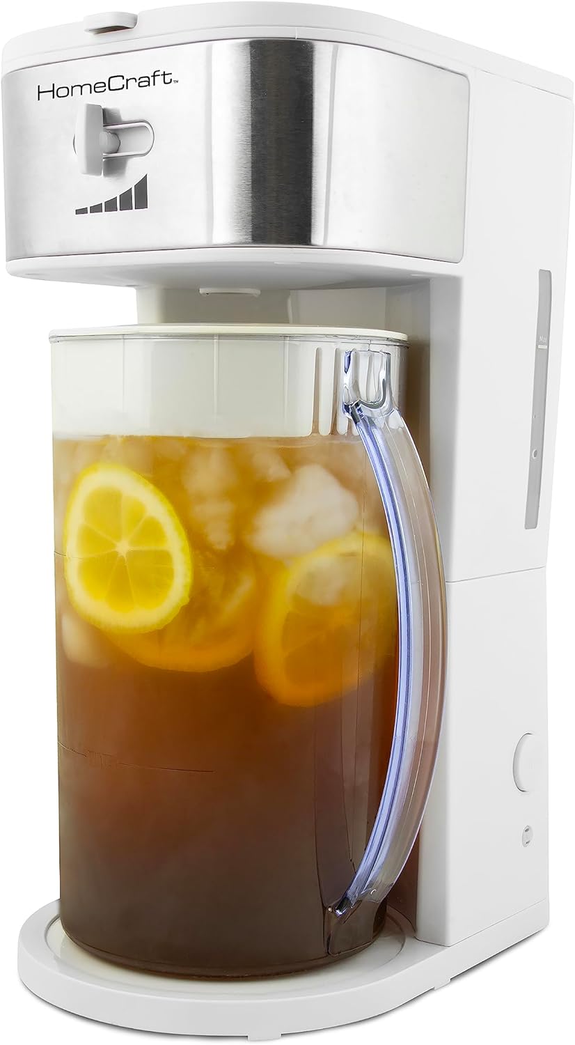 HomeCraft 3-Quart White Stainless Steel Café' Iced Tea And Iced Coffee Brewing System, 12 Cups, Strength Selector & Infuser Chamber, Perfect For Lattes, Lemonade, Flavored Water, Large Pitcher