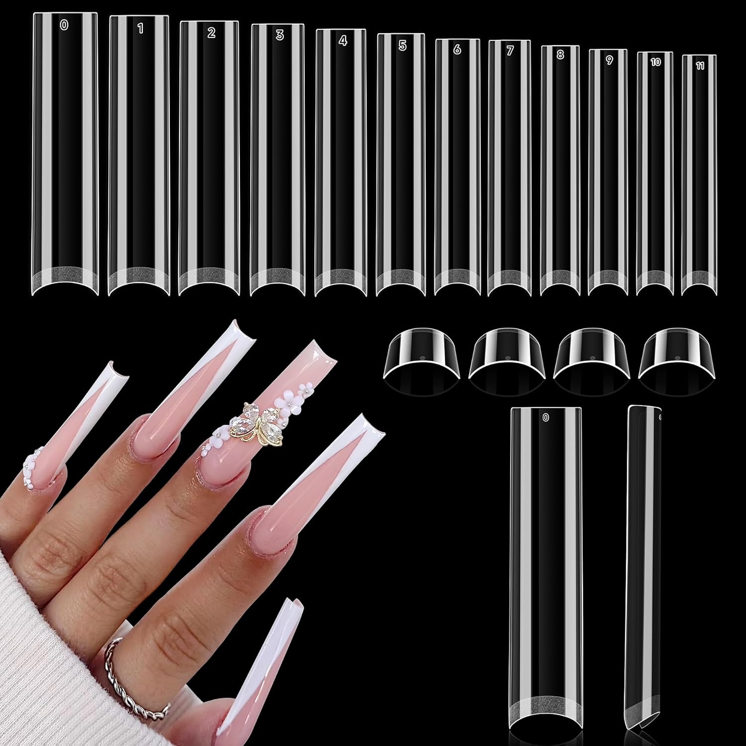 UNA GELLA 504PCS No C Curve Tapered Square Nail Tips, 3XL Extra Long Straight Clear Fake Nail Tips, 12 Sizes Half Cover Gel False Nails for Acrylic Nails Professional Salons Home DIY