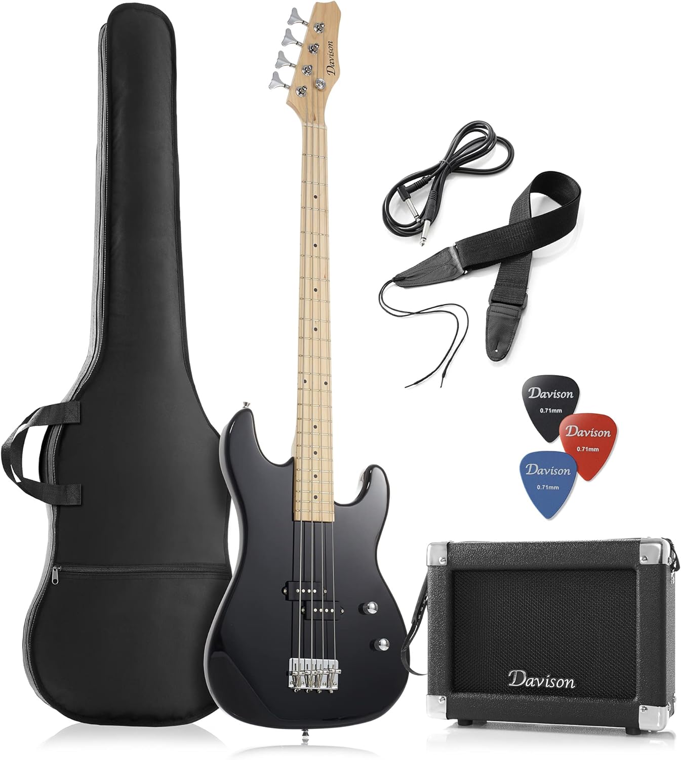 Full Size Electric Bass Guitar with 15-Watt Amp, Black - 4 String Right Handed Beginner Kit with Gig Bag and Accessories