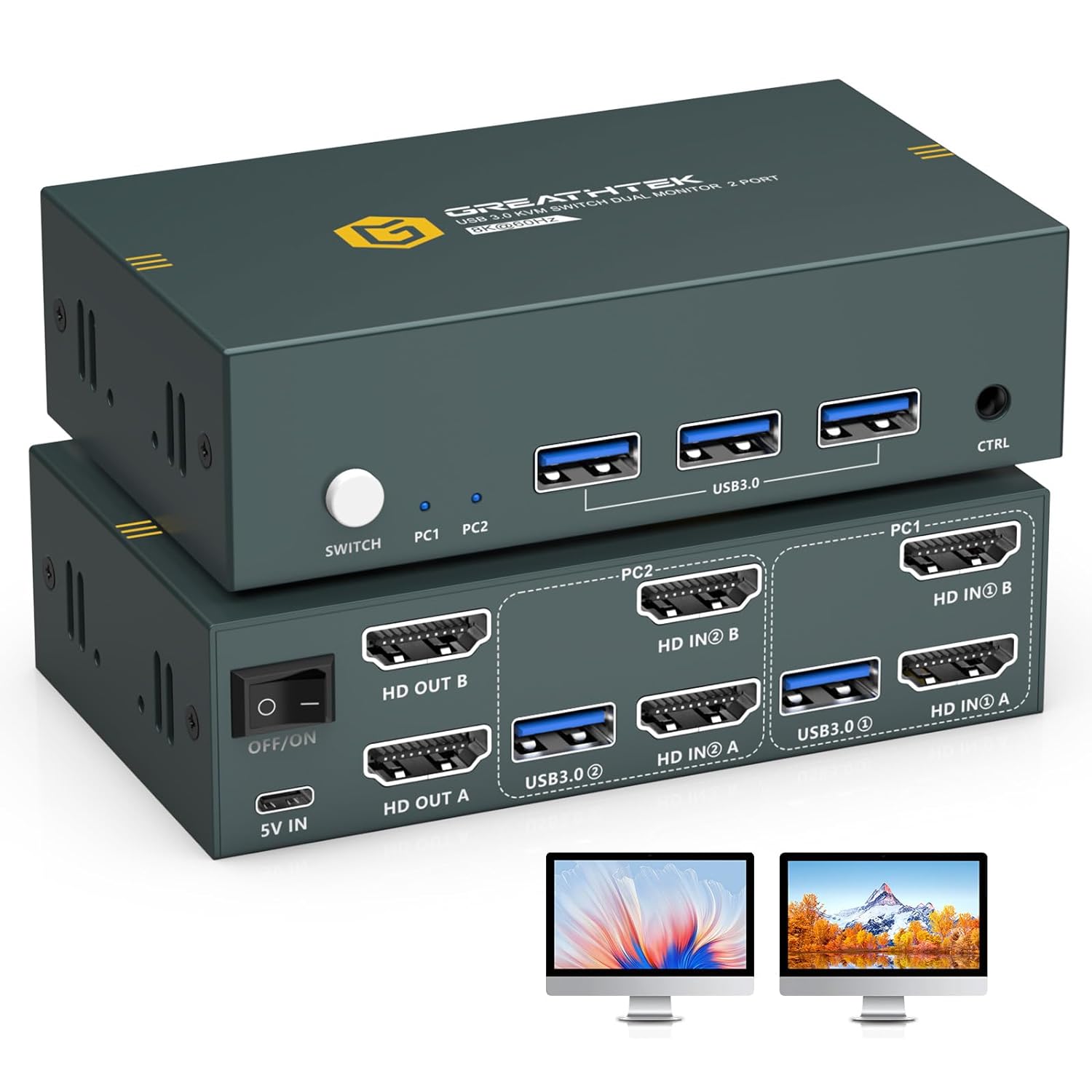 8K USB3.0 HDMI KVM Switch 2 Computers 2 Monitors 2 Port Dual Monitors Switcher for 2 PC Or 2 Laptops Share Keyboard & Mouse,8K@60HZ,4K@120Hz,with EDID