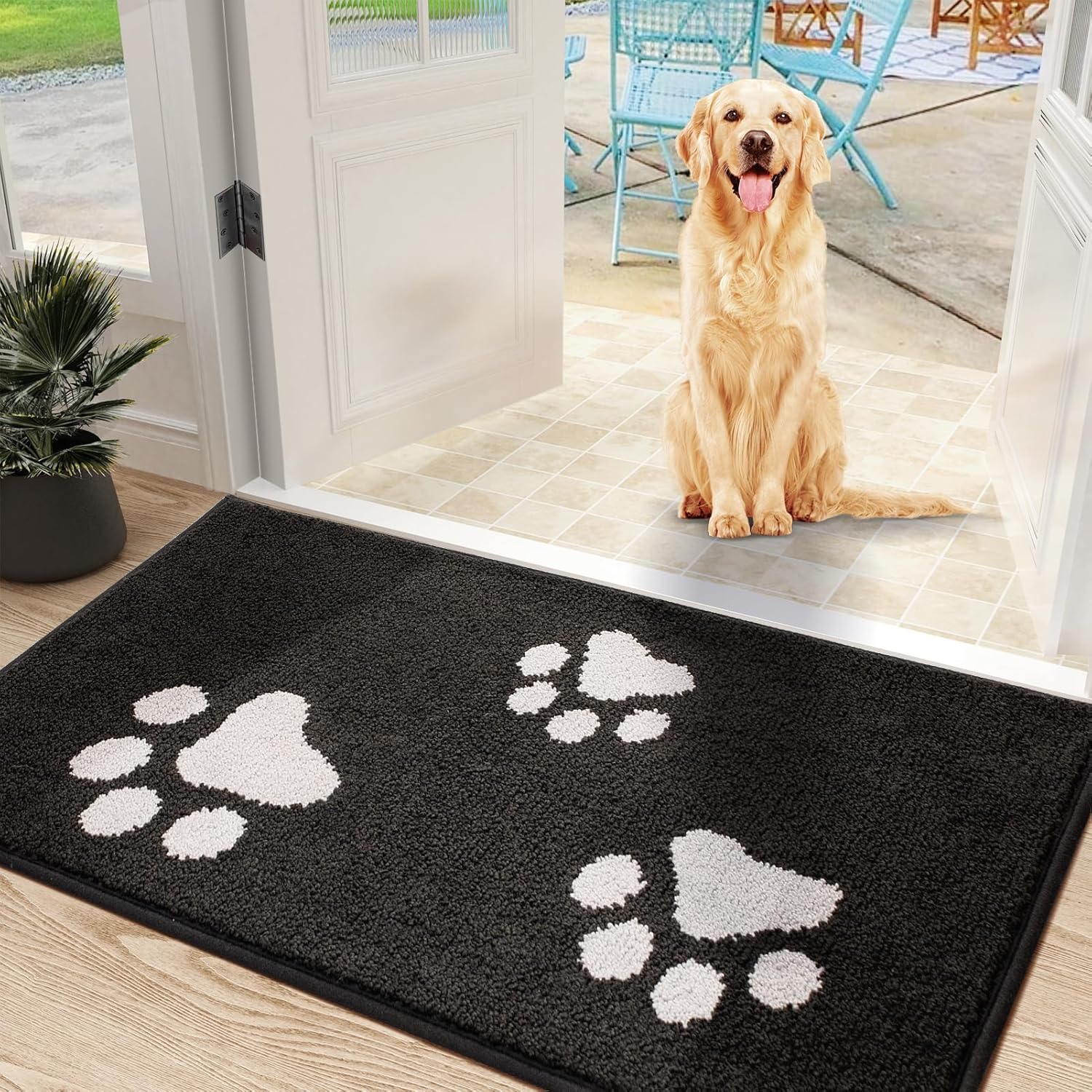 Mibao Front Door Mat, Dirt Trapper Doormat for Muddy Paws, Absorbent Mud Mat for Dogs, Non-Slip Washable Entrance Mats, Inside Mat for Front Door, Entryway, 31.5 x 19.5, Black