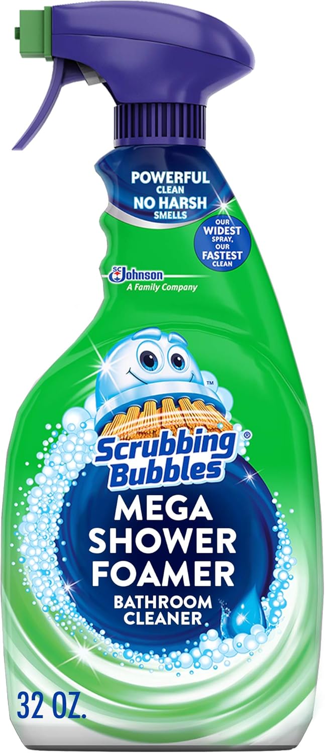 Scrubbing Bubbles Mega Shower Foamer Spray, Multi-Surface Bathroom and Tile Cleaner Grime Fighter, Removes 100% Soap Scum, Rainshower Scent, 32 oz