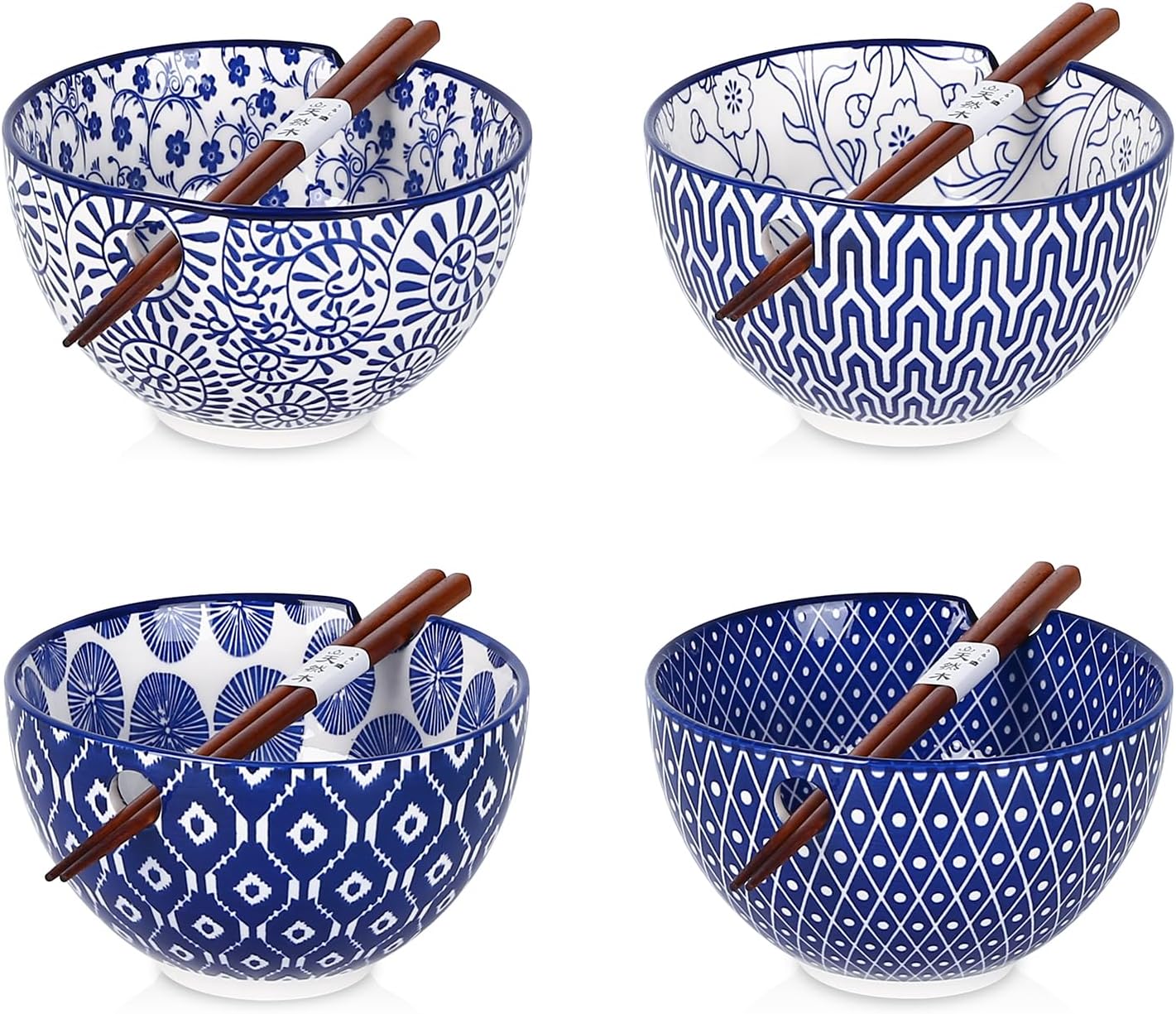 Selamica Ceramic Ramen Bowls Set, 15 OZ Noodle Bowls for Kitchen with Chopsticks, Deep Soup Bowls for Japanese Ramen Udon Soba, Microwave Dishwasher Safe, Gift, Set of 4, Vintage Blue