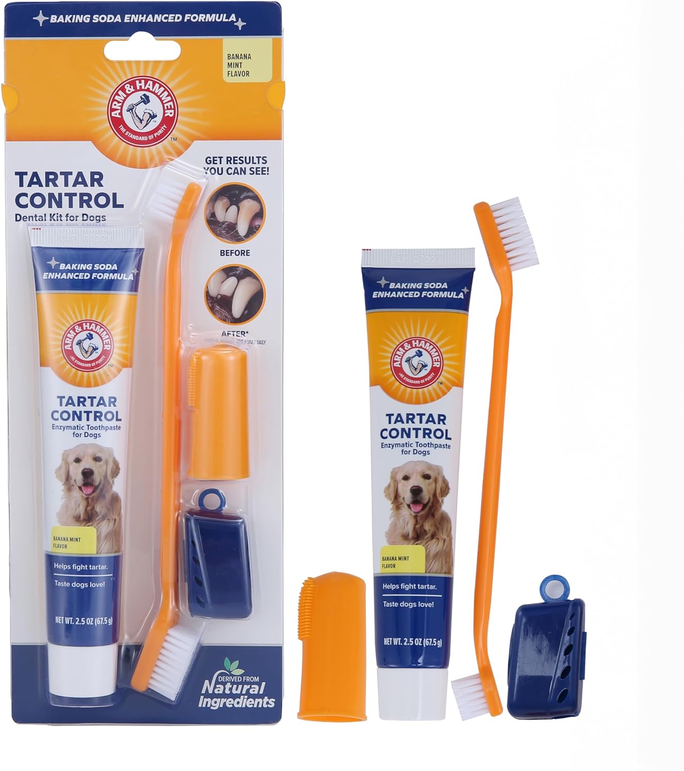 Arm & Hammer for Pets Tartar Control Kit for Dogs | Contains Toothpaste, Toothbrush & Fingerbrush | Reduces Plaque & Tartar Buildup, 3-Piece Kit, Banana Mint Flavor