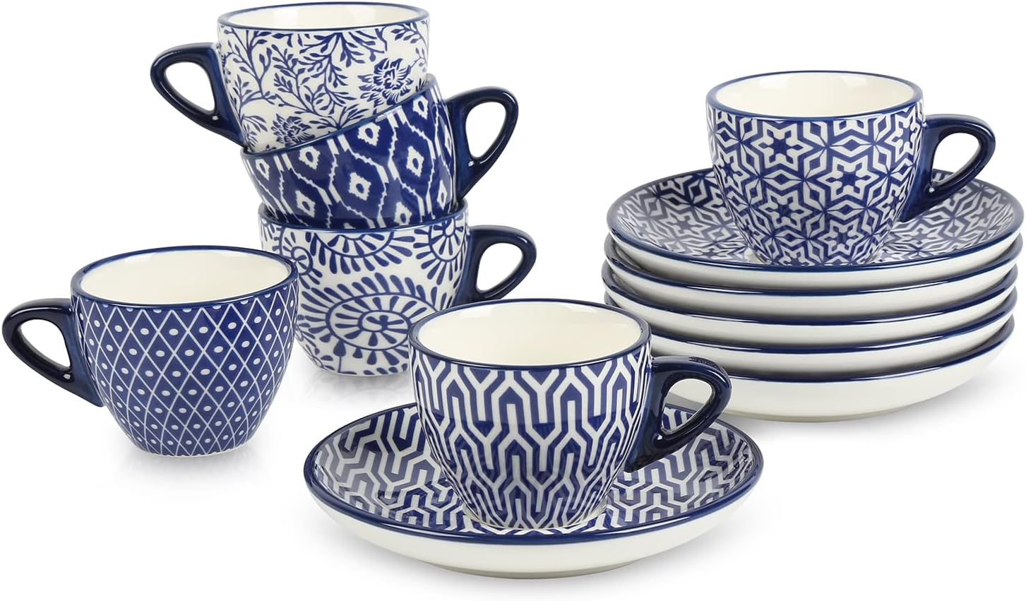 Selamica Ceramic 2.8 oz Espresso Cups, Small Expresso Coffee Cup Set with Saucers, Cappuccino Cups Set of 6, Porcelain Mini Demitasse Cups for Latte Mocha Tea, Gift, Vintage Blue