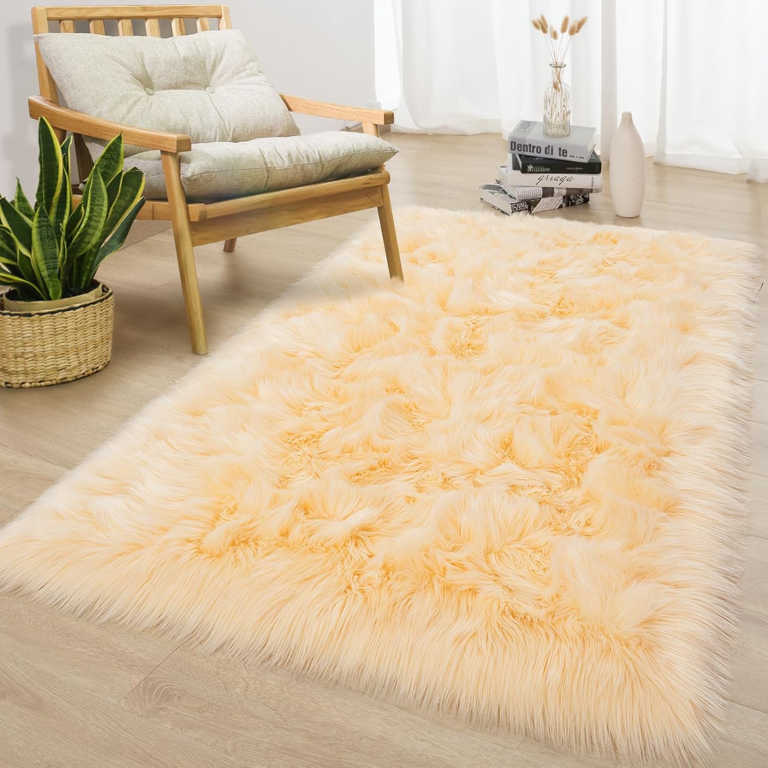 Softlife Yellow 3x5 Faux Fur Rug for Bedroom, Fluffy Sheepskin Fur Rug Luxury Ultra Soft Throw Fuzzy Bedside Rug, Machine Washable Shag Rug for Room Decor