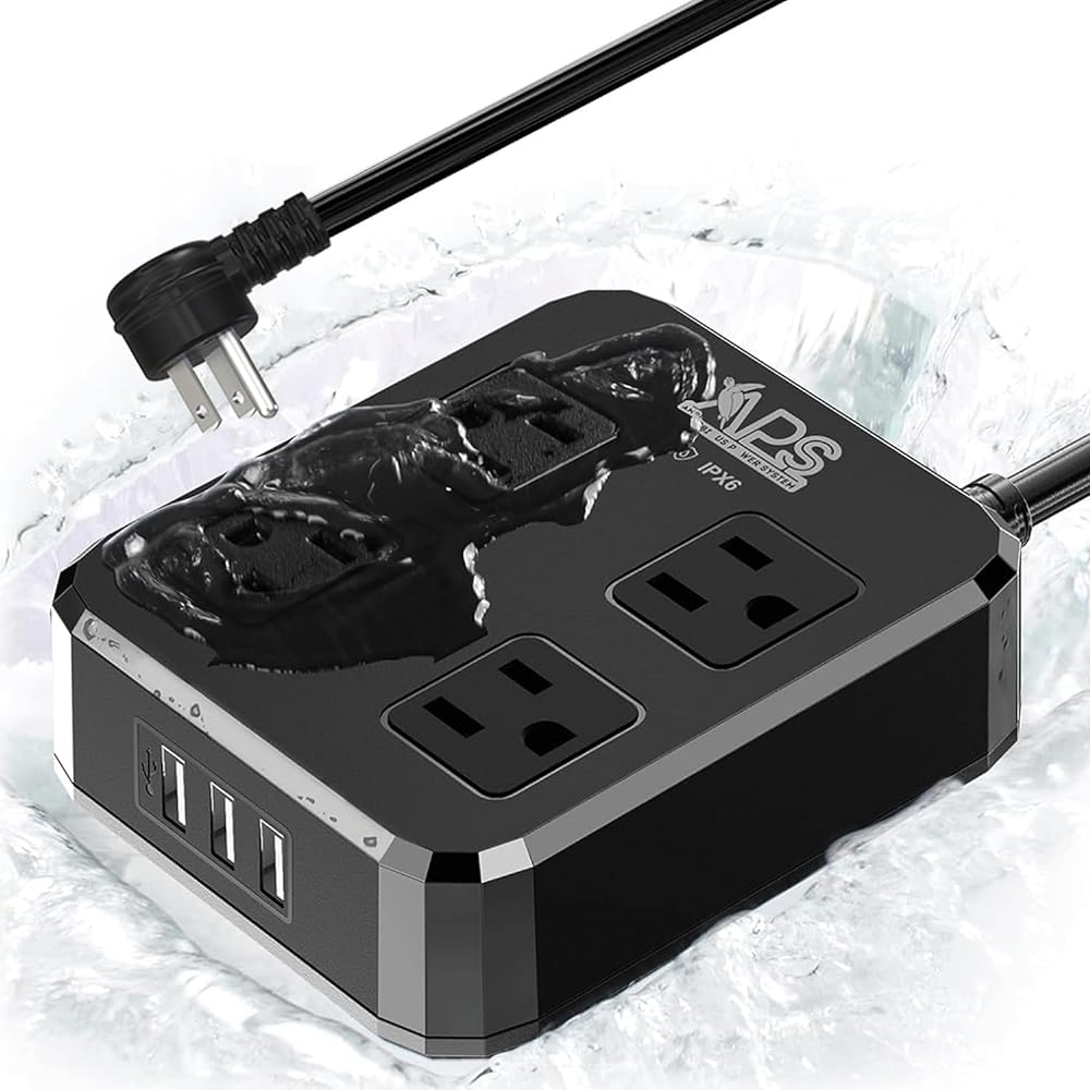 Outdoor Power Strip Weatherproof, Waterproof Surge Protector with 4 Wide Outlet with 3 USB Ports, 6FT Long Extension Cord,1875W Overload ProtectionOutlet Extender for Christmas Lights UL Listed Black