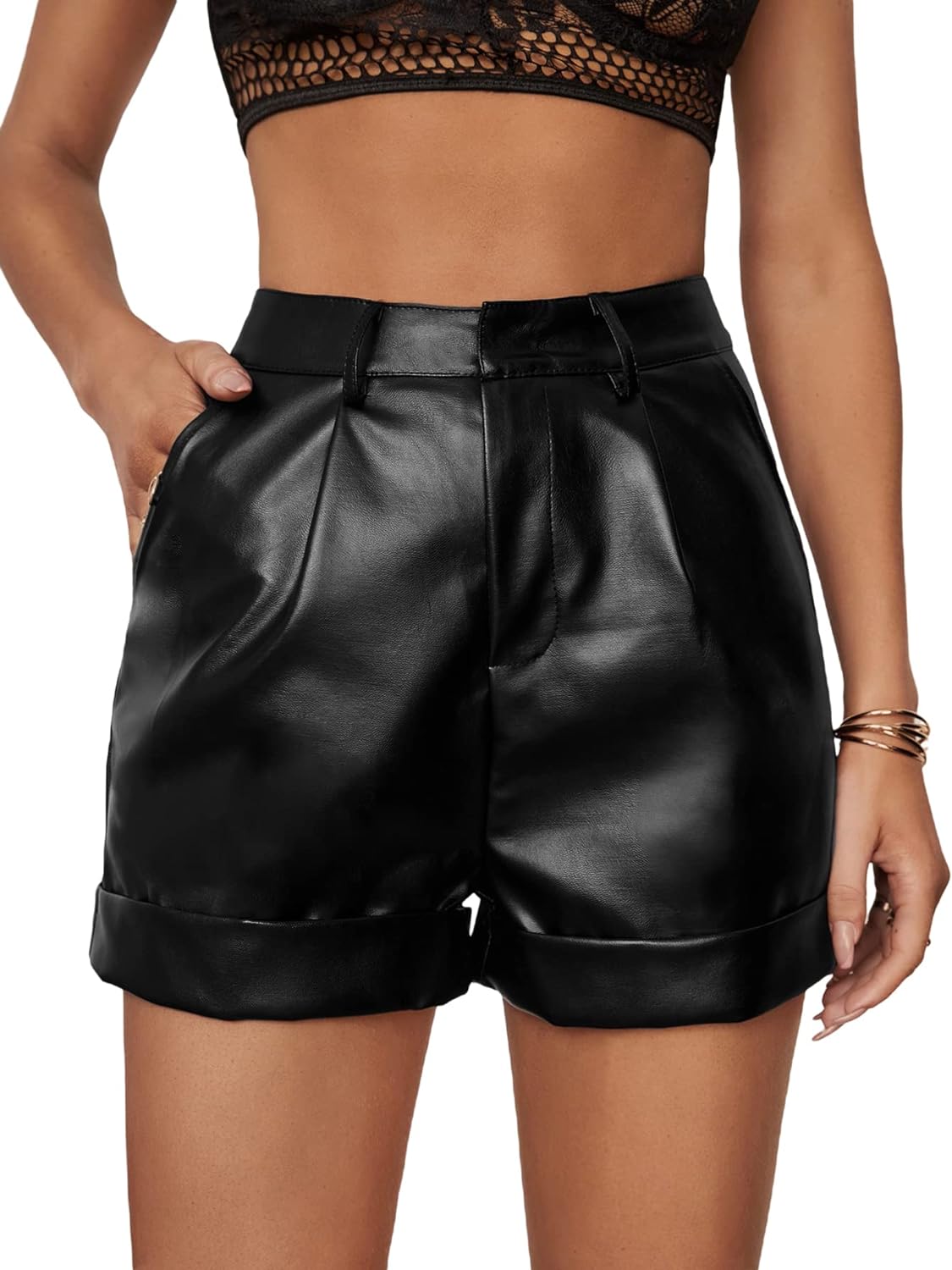 WDIRARA Women' High Waisted PU Leather Shorts Roll Hem Shorts with Pockets