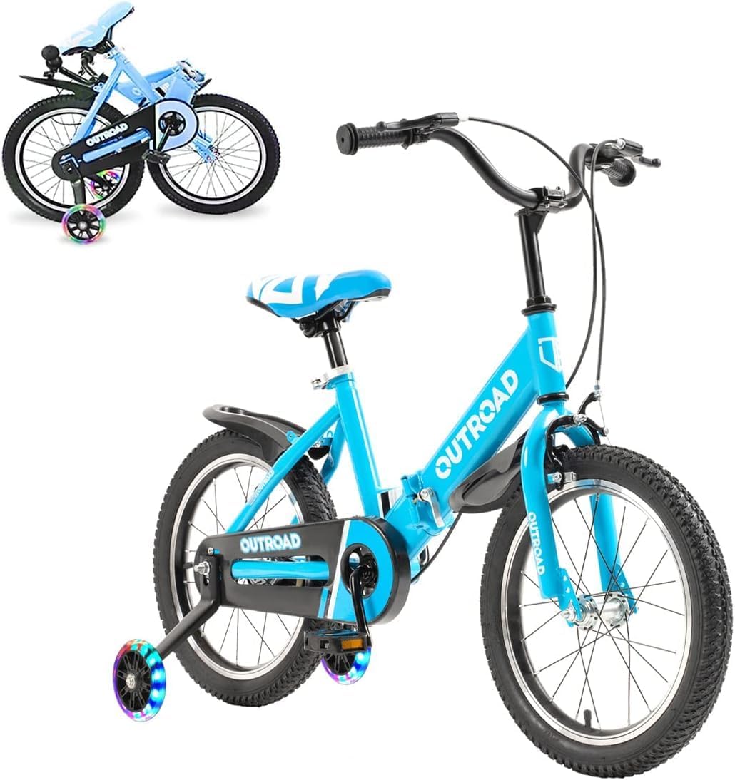 Folding Kids Bike for 3-9 Years Old Boys and Girls 14/16/18 Inch Foldable Kids' Toddler Bicycles with Flash Lighting Training Wheels and Dual Handbrakes, Baby Bike in Blue and Pink