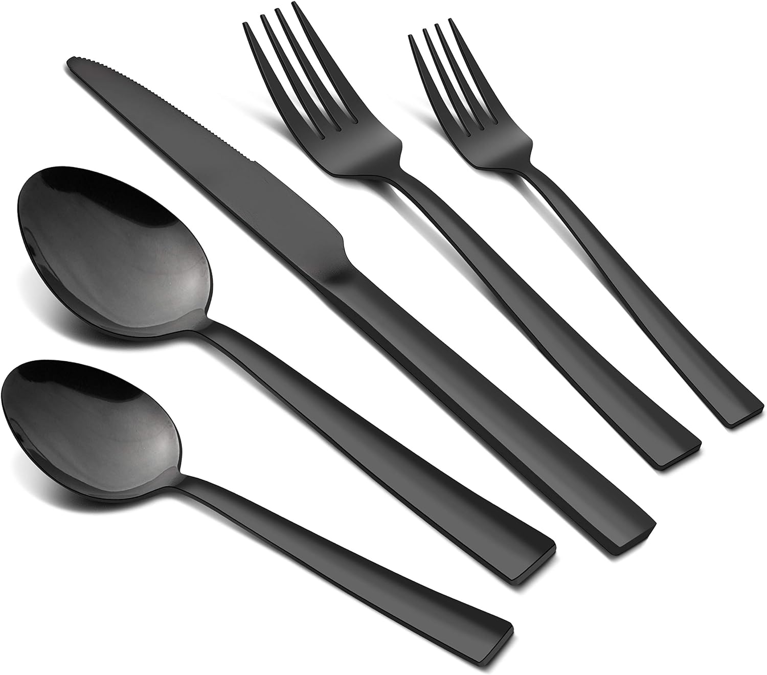 LIANYU Stainless Steel Black Silverware Set, 20-Piece Square Flatware Cutlery Set for 4, Kitchen Restaurant Party Eating Utensils Tableware, Mirror Finish, Dishwasher Safe