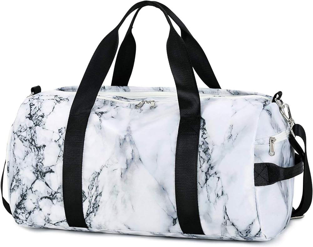 Sport Gym Duffle Travel Bag for Men Women Duffel with Shoe Compartment, Wet Pocket (Marble-White) 19.7"x9.5"x9.9"