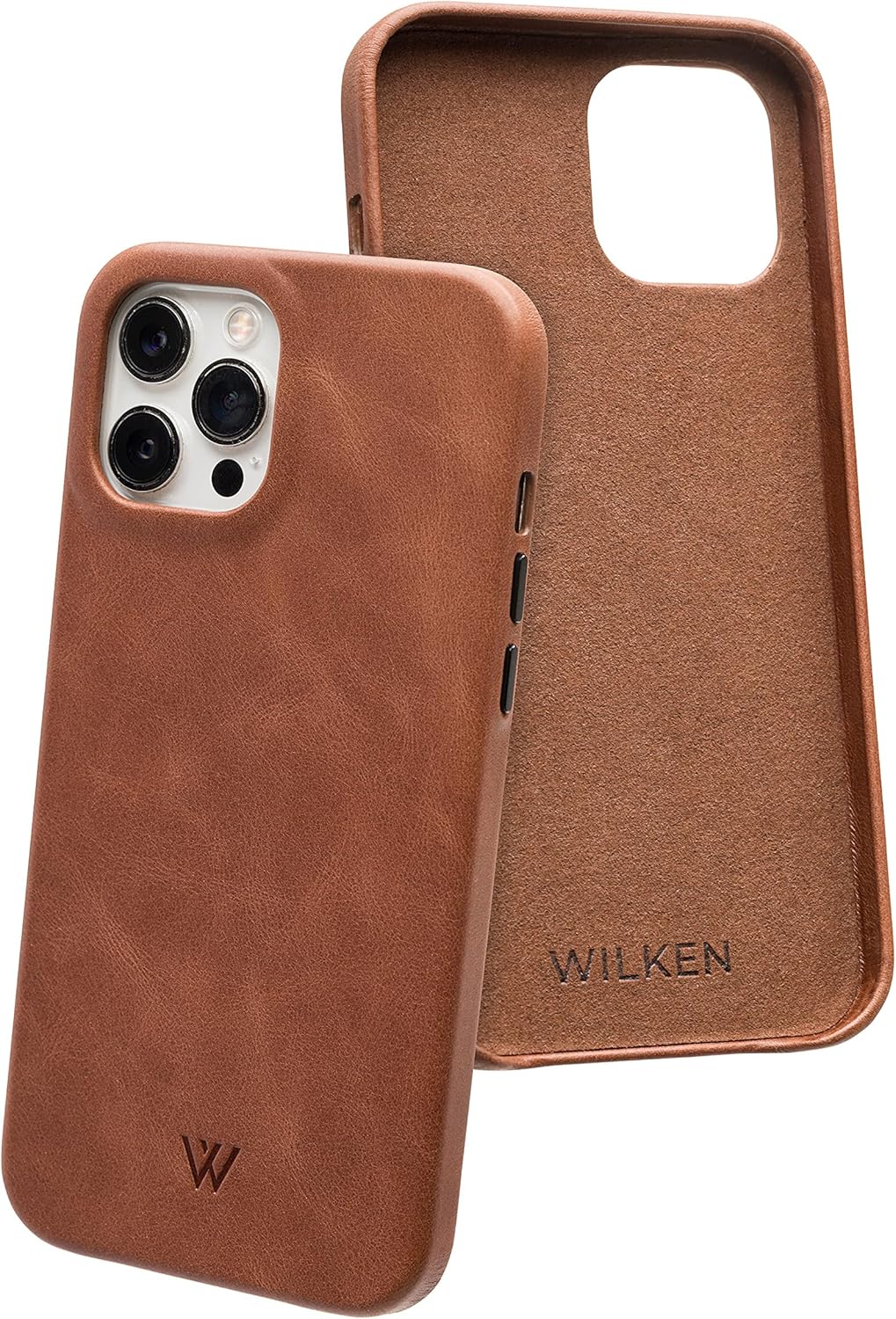 Wilken Leather Wrapped Case Compatible with iPhone | Compatible with MagSafe and Wireless Charging | Top Grain Leather | Lip Screen Protection | Custom Metal Button Controls (15, Brown)