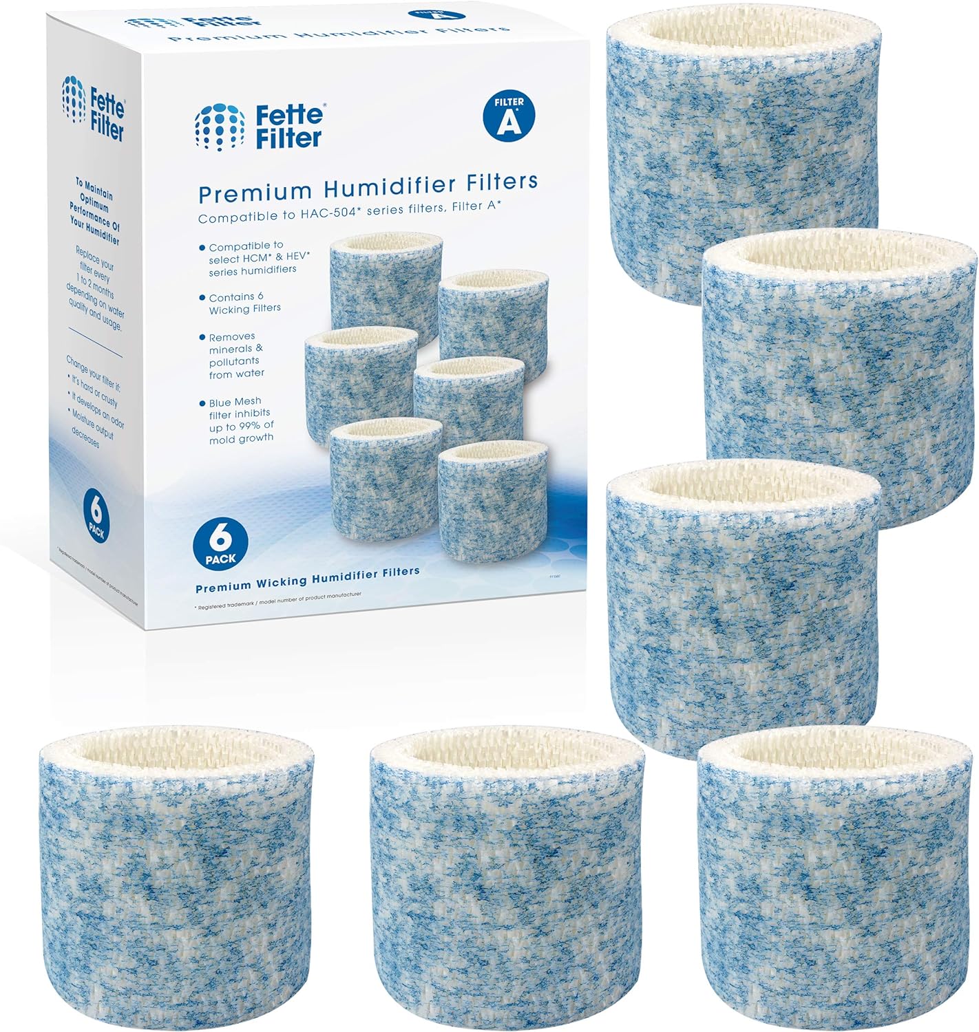 Fette Filter - Upgraded Blue Mesh Treated Layer Humidifier Wicking Filters Compatible with Honeywell HAC-504AW, Filter A for Models HAC-504, HAC-504AW, HCM 350 and Other Cool Mist Models - Pack of 6