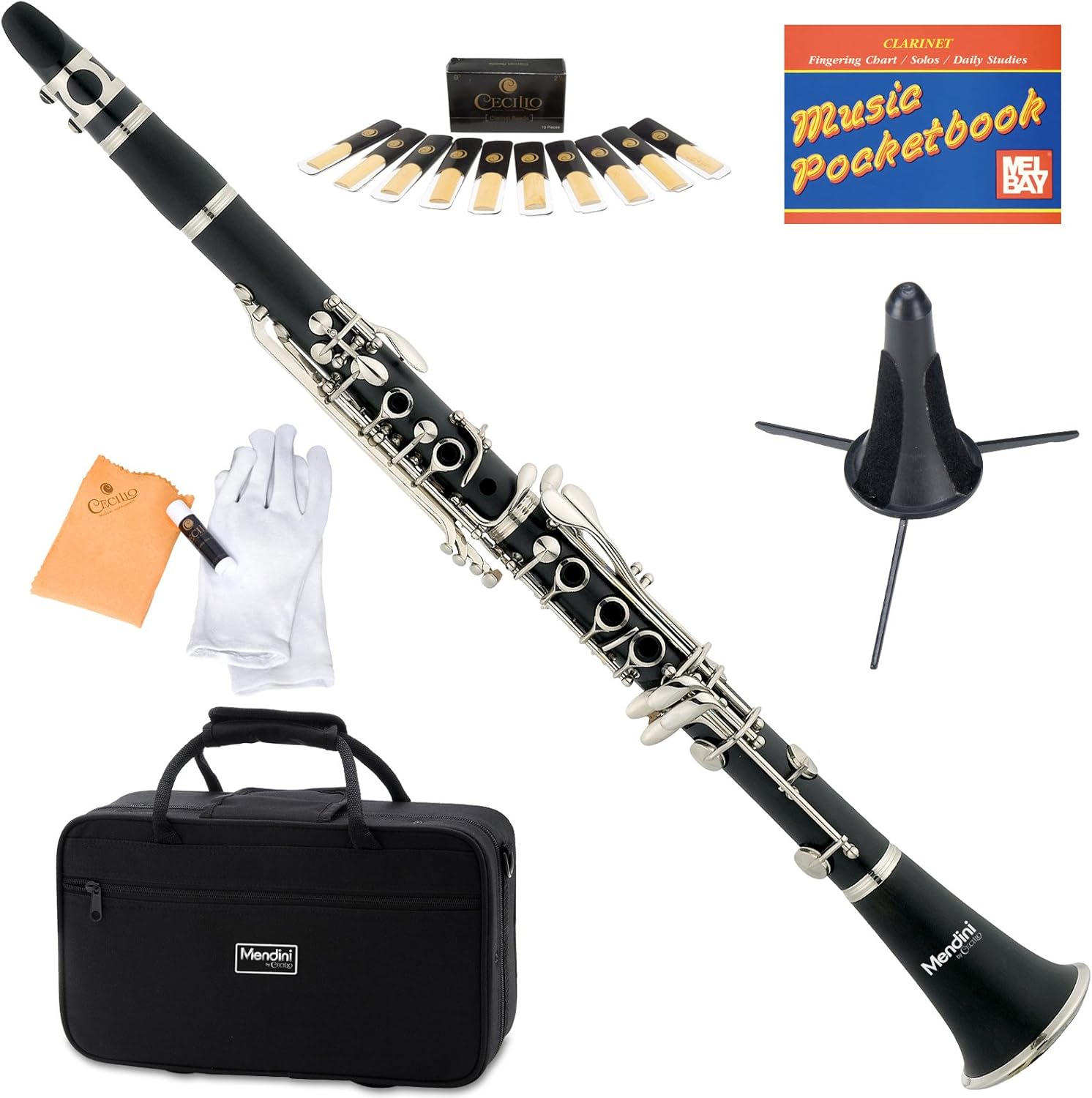 Mendini MCT-E SD PB Black Ebonite ABS B Flat Clarinet with Case, Stand, Pocketbook, Mouthpiece, 10 Reeds and More