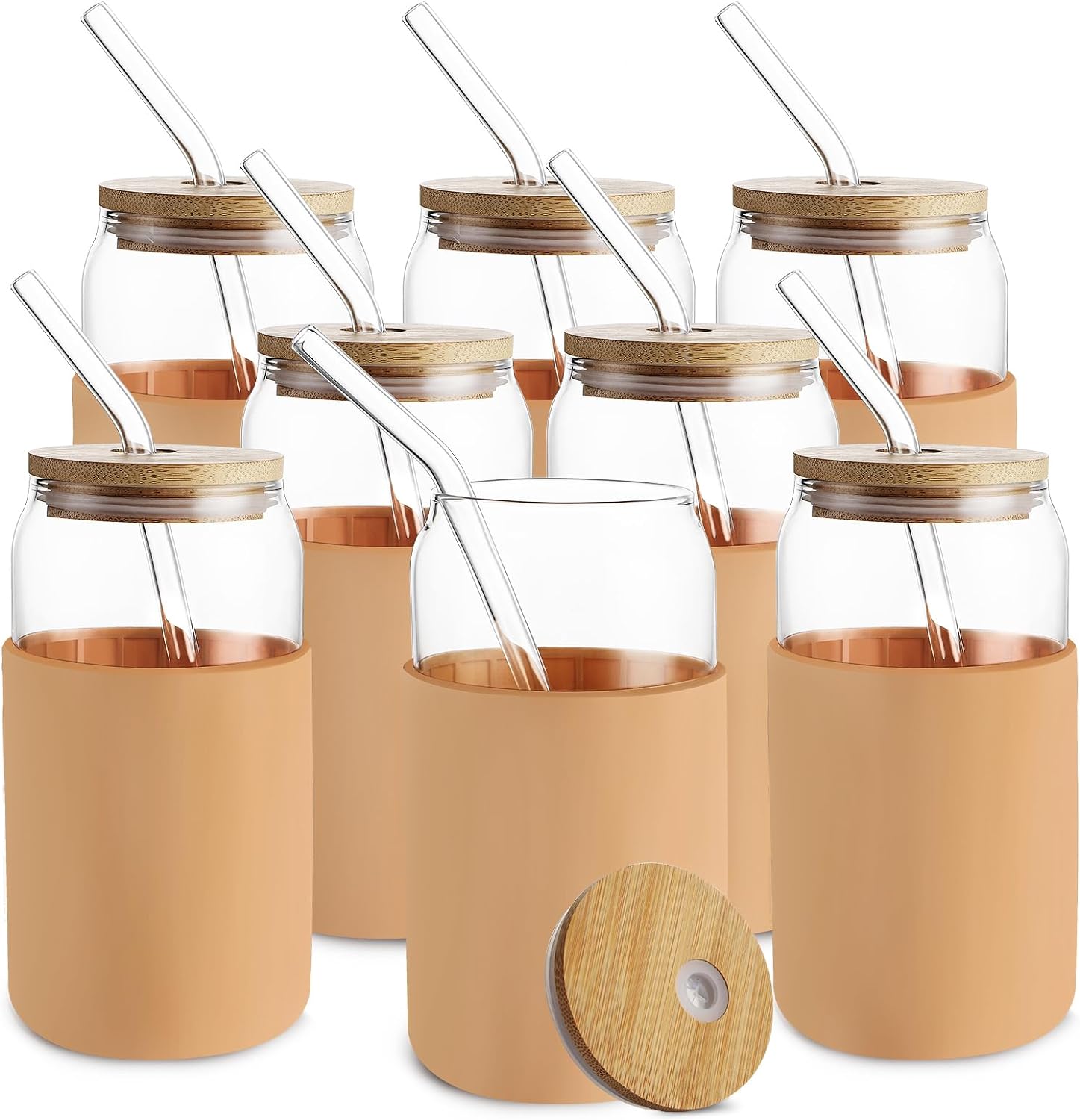 Glass Cups with Bamboo Lids and Straws 8pcs Set, 20oz Can Shaped Cute Tumbler Cup with Cleaning Brushes, Beer Glasses, Iced Coffee Cups with Silicone Protective Sleeve BPA Free, Amber