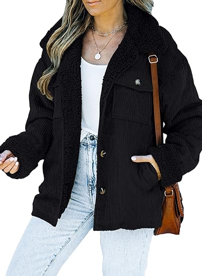 Dokotoo Corduroy Sherpa Jacket for Women Button Down Fleece Fur Collar Winter Warm Coat