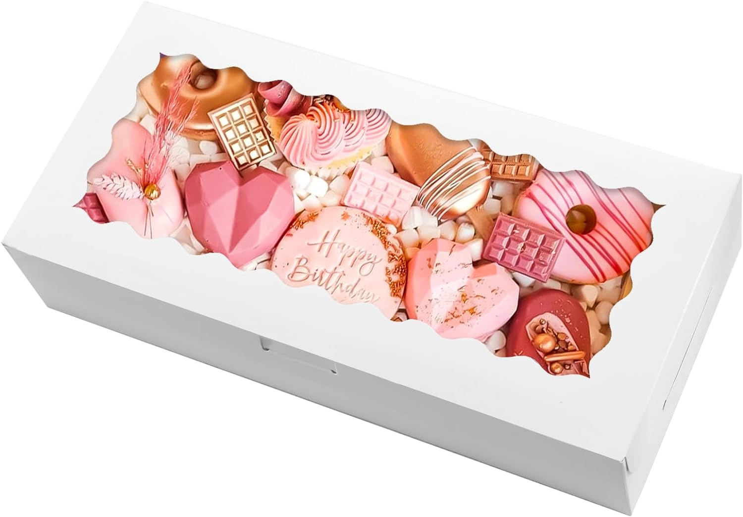 Moretoes 30pcs Cookie Boxes, 12x5.5x2.5 Inches White Bakery Boxes with Window, Chocolate Strawberry Boxes, Dessert Boxes for Donuts, Pies, Cakes, Muffins, Pastries, Mother's Day