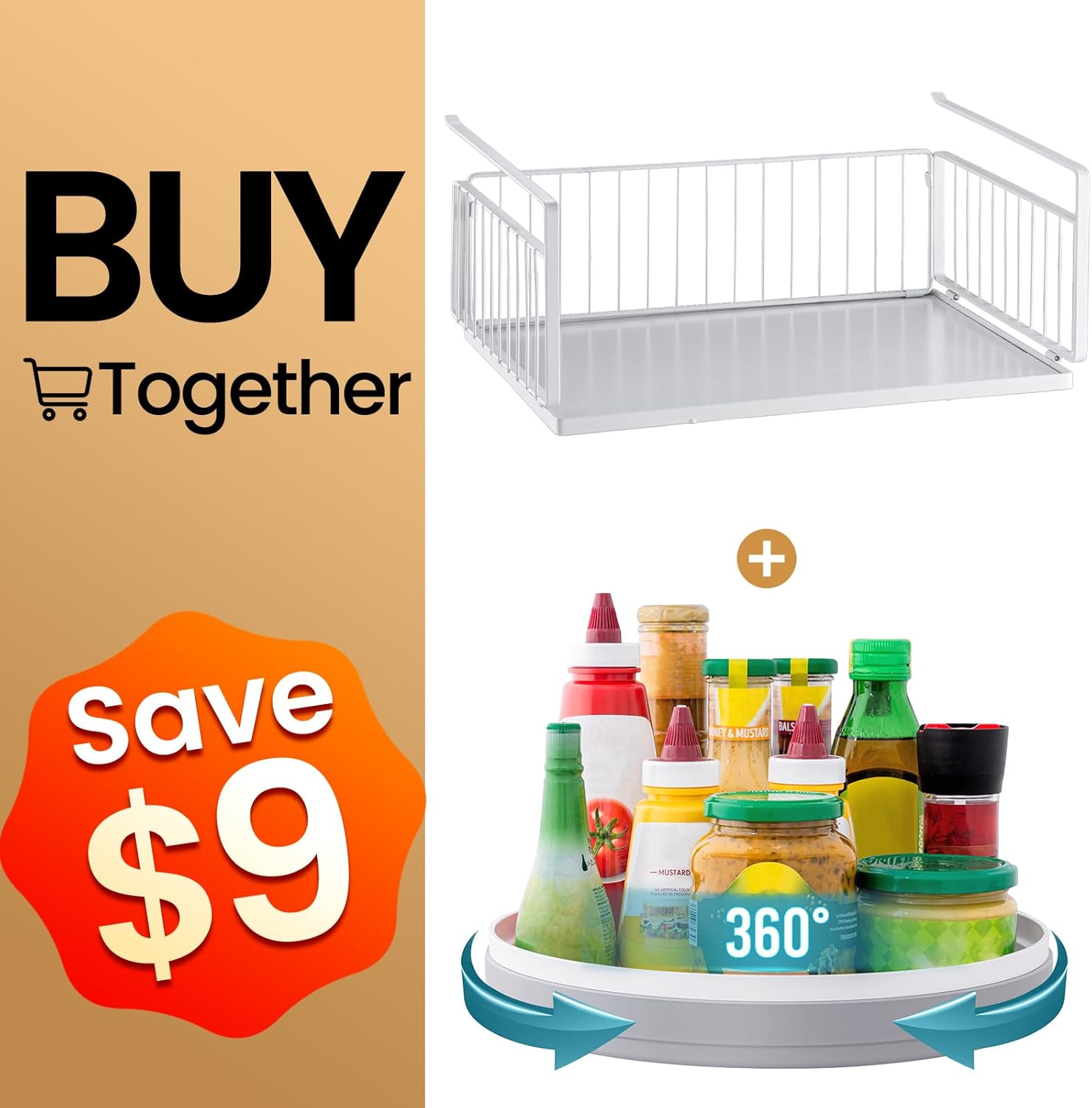 TAILI Under Shelf Basket(XL) & Lazy Susan Organizer for Cabinet Storage, Hanging Organizer Racks, Under Sink Organizing