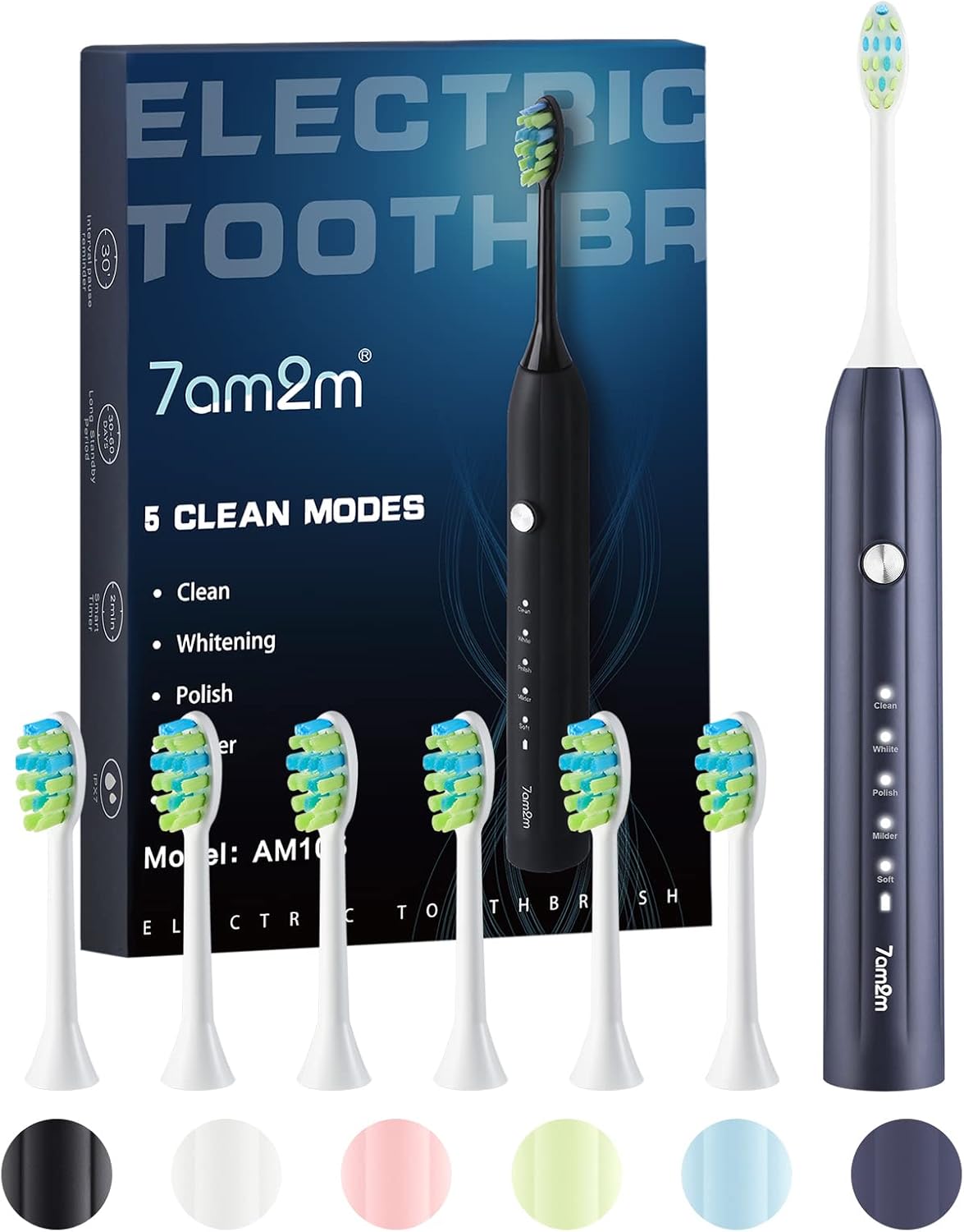 7AM2M Sonic Electric Toothbrush with 6 Brush Headsfor Adults, High Power Rechargeable Toothbrushes, One Charge for 90 Days, 5 Modes with 2 Minutes Build in Smart Timer, Roman Column Handle Design