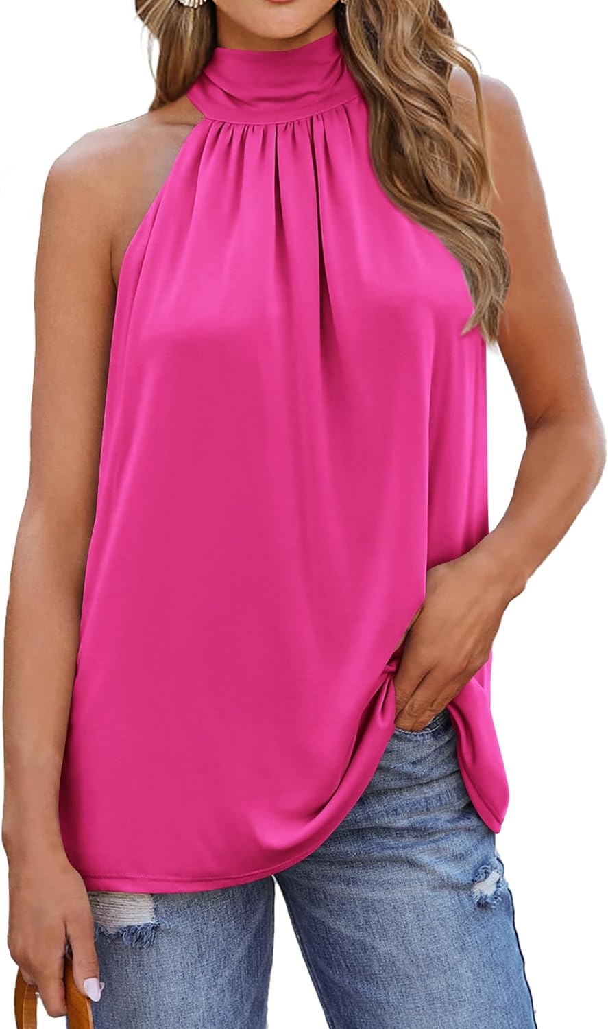 BTFBM 2024 Women Summer Sleeveless Tie Mock Neck Halter Tops Casual Bow Loose Tank Top Lightweight Dressy Blouse Shirts