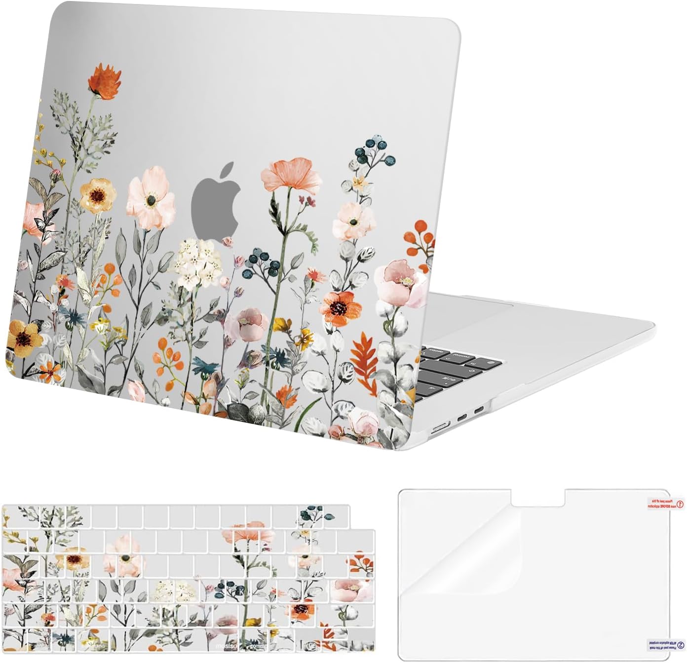 MOSISO Compatible with MacBook Air 15 inch Case 2023 2024 Release M3 A3114 M2 A2941 with Touch ID, Plastic Garden Flowers Hard Shell Case&Keyboard Cover Skin&Screen Protector, Transparent