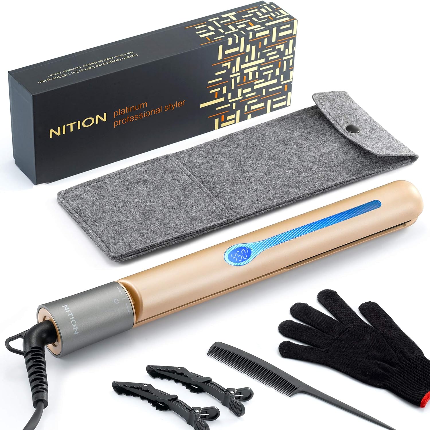 NITION Ceramic Tourmaline Hair Straighteners LCD Flat Iron MCH Fast Straightening. Healthy Styling 265-450°F 6-Temps Adjustable for All Hair Type. 2-in-1 Curling Iron. 1 inch Heating Plate