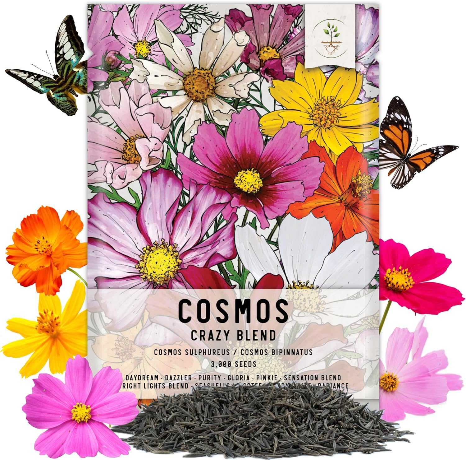 Seed Needs, 3,000  Crazy Cosmos Seeds Wildflower Mix/Mixture (Cosmos Bipinnatus) Mixed Color Blooms Attract Bees & Butterflies/Monarchs, Blend Includes 10  Varieties - Open Pollinated - Bulk