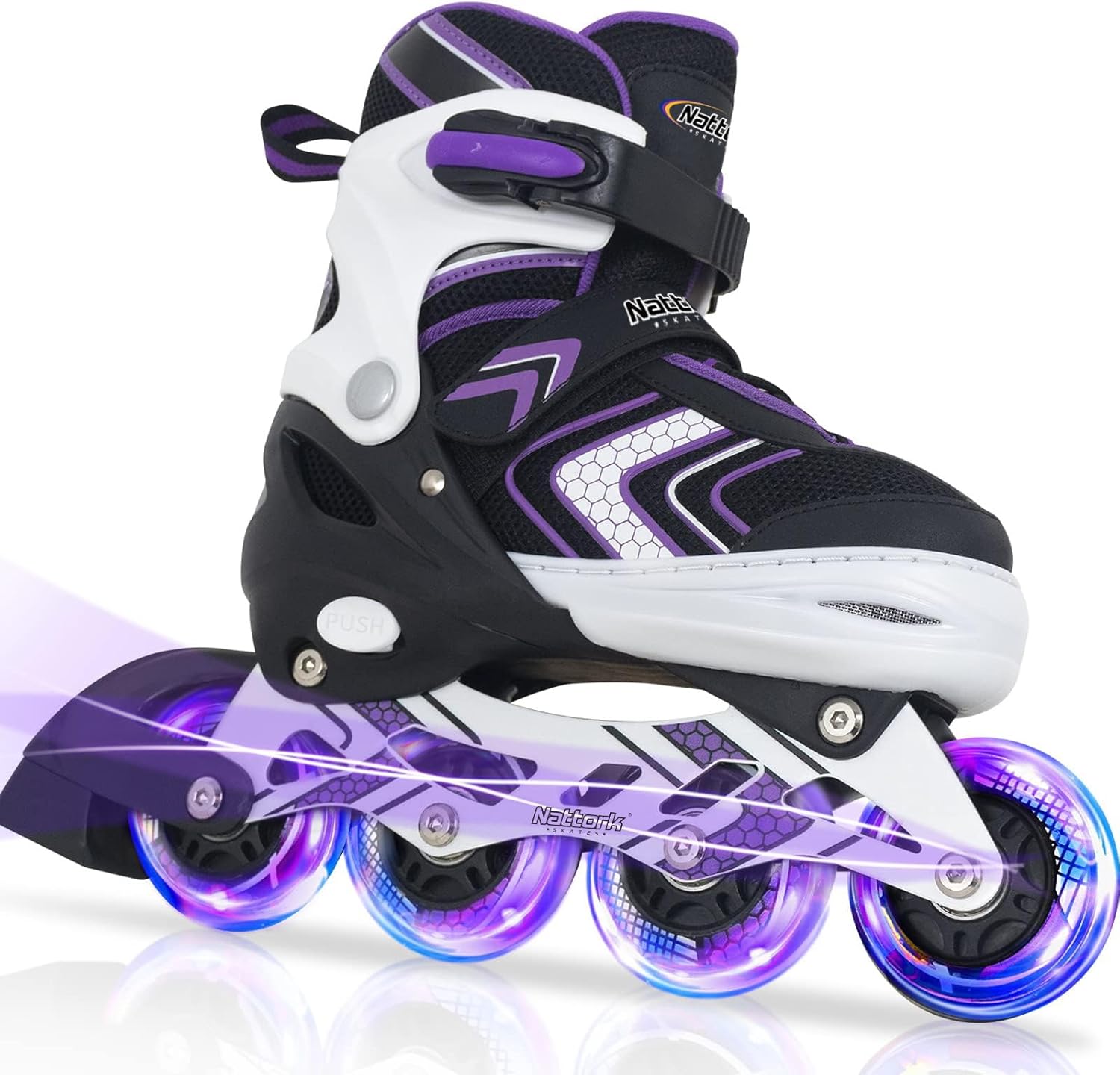 Nattork Inline Skates for Girls and Boys with Full Light up Wheels, Adjustable Beginner Roller Skates for Kids Youth Purple Pink Blue Black