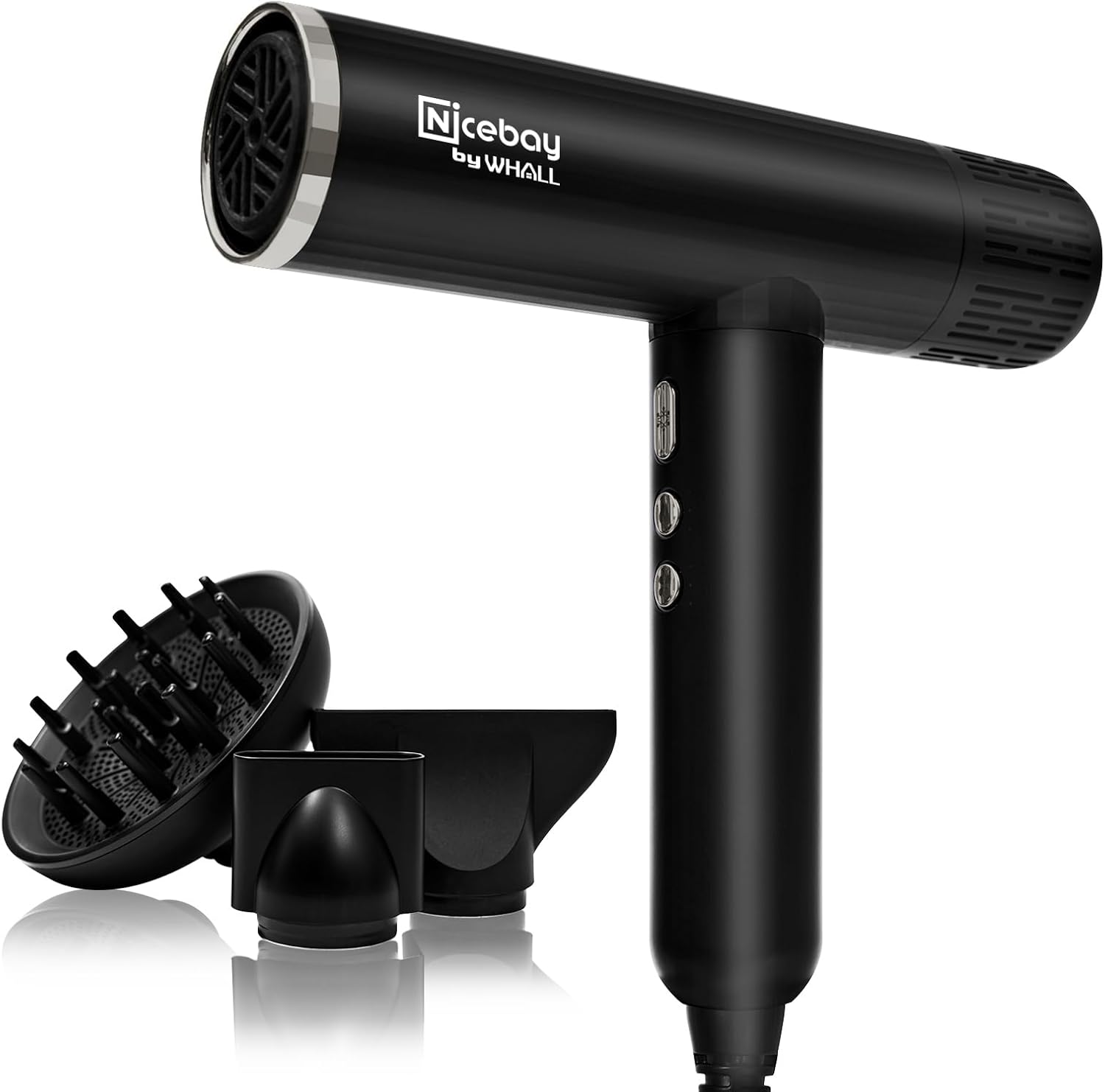 Nicebay Ionic Hair Dryer, Professional Blow Dryer with 3 Attachments, 110000RPM High-Speed Brushless Motor for Fast Drying, Lightweight, Low Noise, 1600W Hairdryer with Diffuser