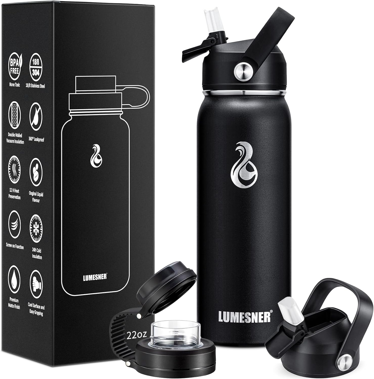 Lumesner Vacuum Insulated Stainless Steel Water Bottle,1200ml/950ml/650ml- 2 Lids (Straw Lid and Spout Lid), 2 Straws Water Bottle (22 oz, Midnight Black)