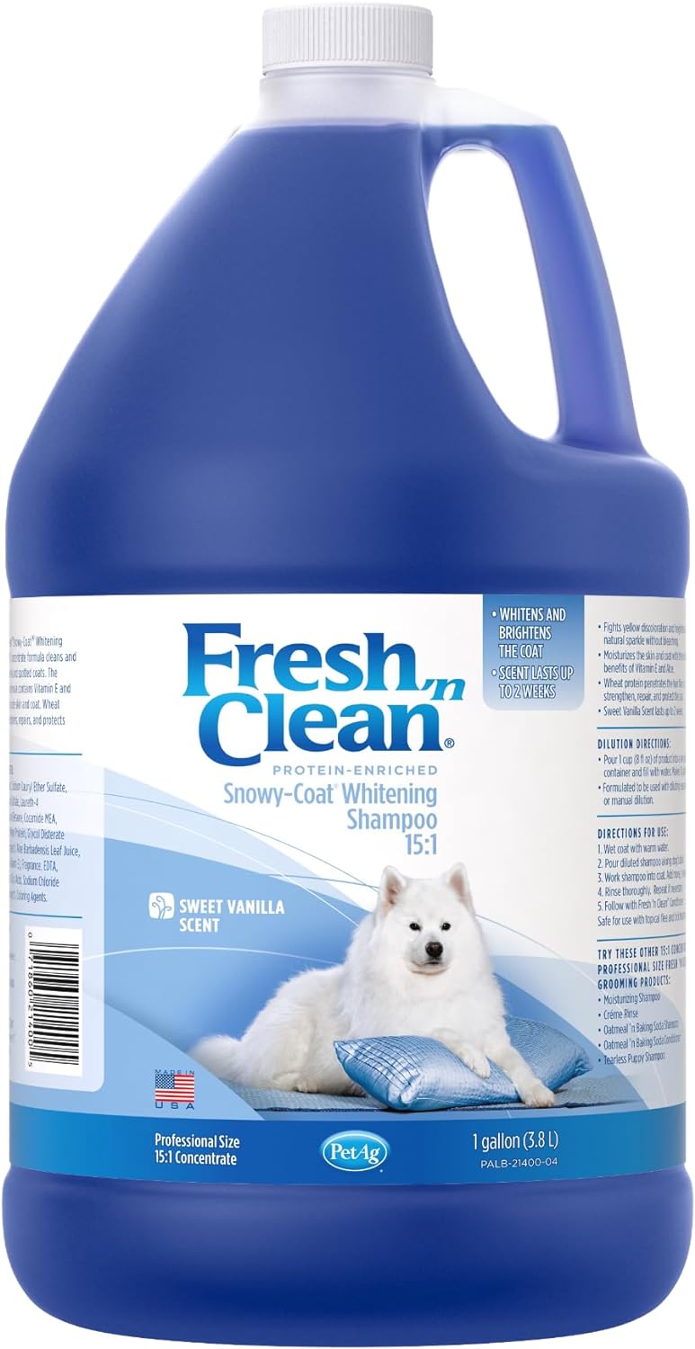 Pet-Ag Fresh n Clean Whitening Snowy-Coat Shampoo, Vanilla Scent (15:1 Concentrate) - 1 Gallon - Bleach-Free Formula to Correct Yellow Discoloration - Strengthens & Moisturizes Coats - Soap Free