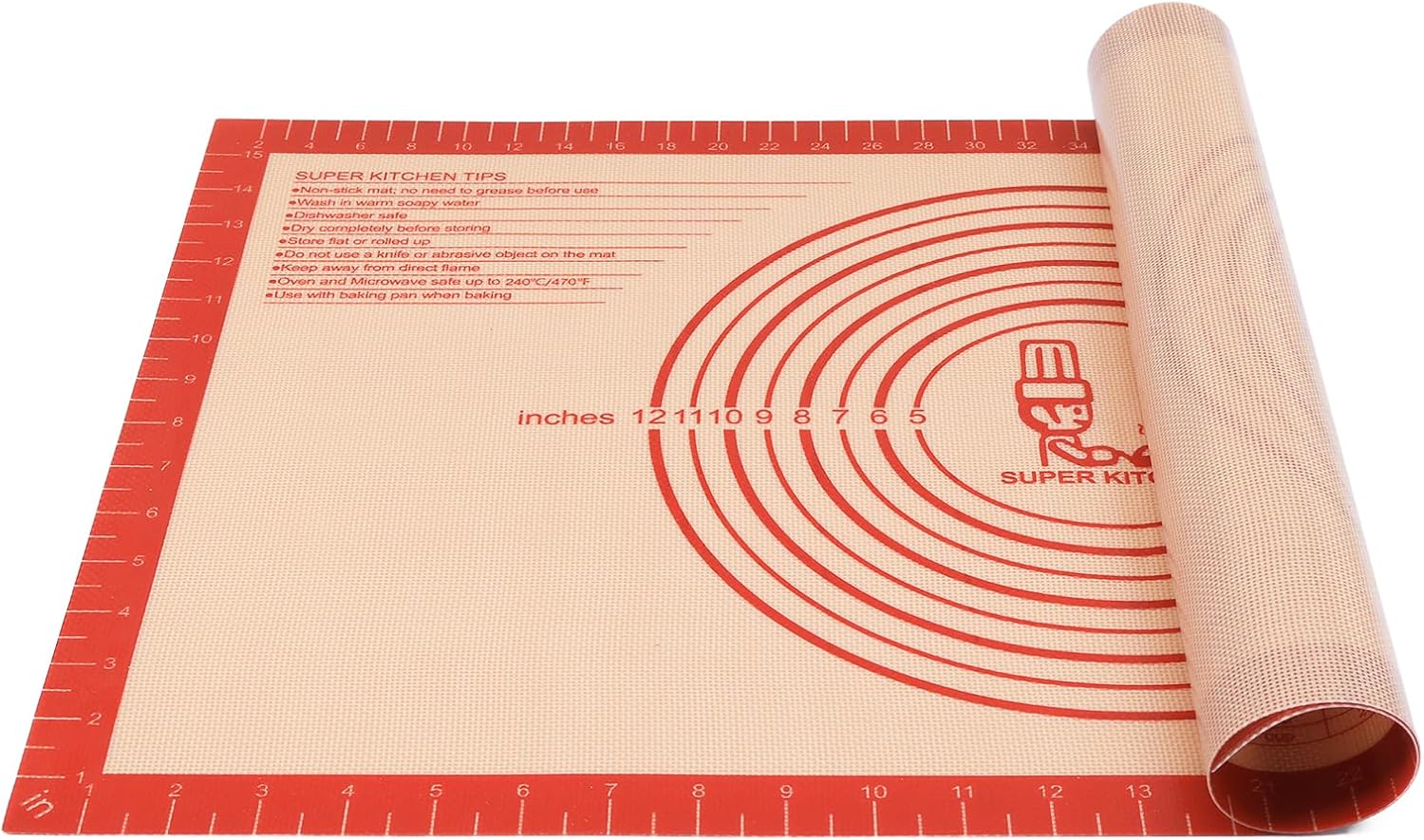 Non-slip Silicone Pastry Mat Extra Large with Measurements 16''By 26'' for Silicone Baking Mat, Counter Mat, Dough Rolling Mat,Oven Liner,Fondant/Pie Crust Mat By Folksy Super Kitchen Red