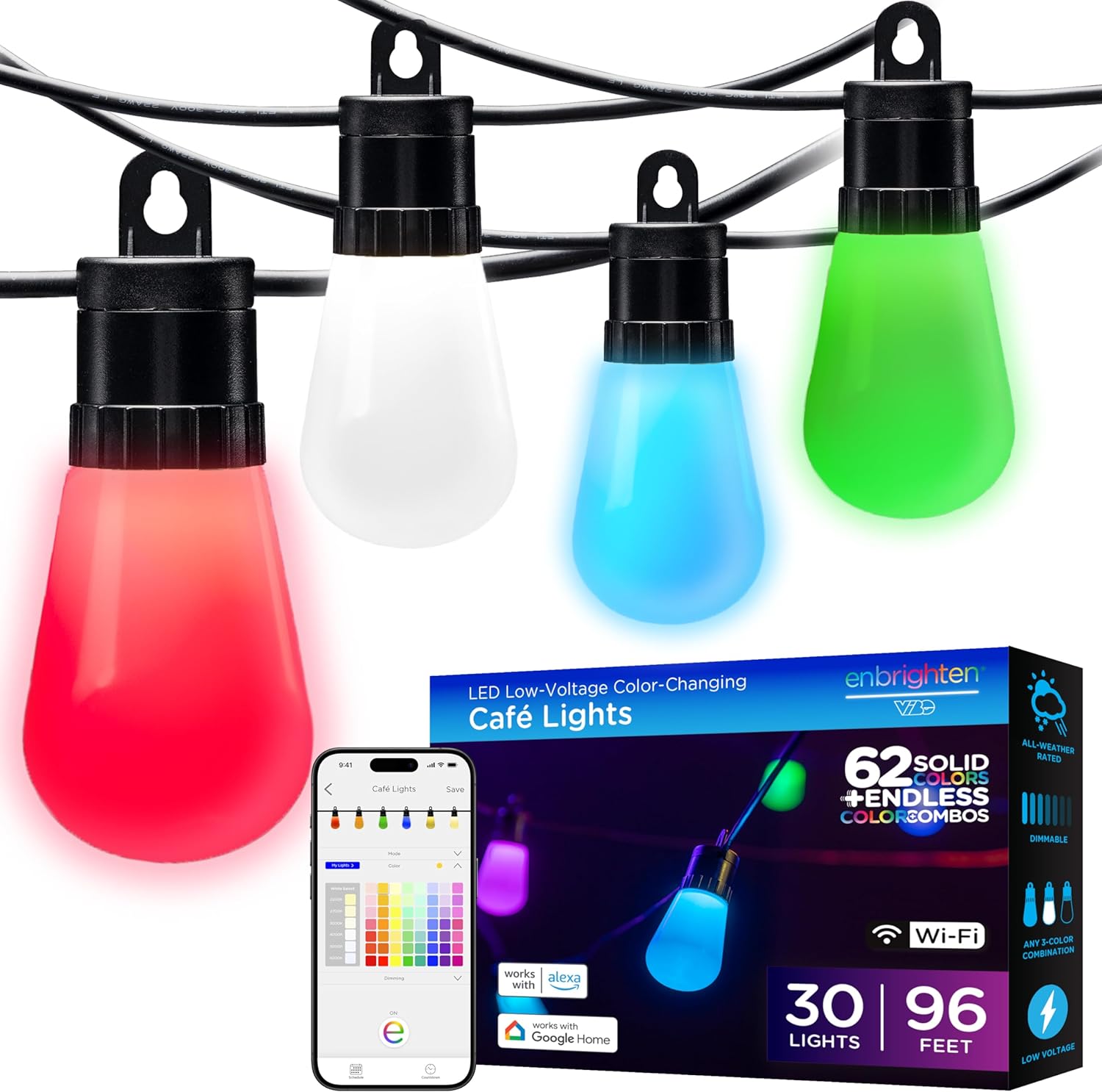 Enbrighten Smart Color Changing String Lights, 96 ft, 30 Lightweight RGB LED Patio Lights, Weatherproof, Customizable, Wi-Fi App Control, Dimmable Outdoor String Lights, 79617