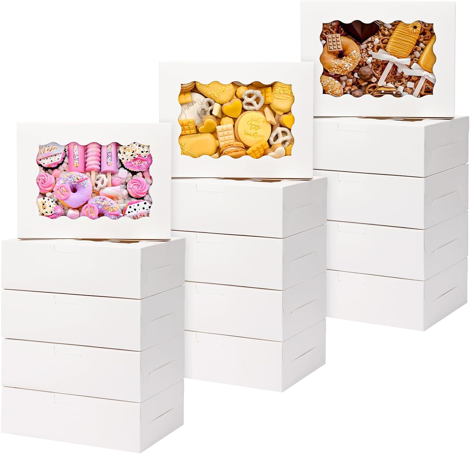Moretoes 15pcs Cookie Boxes with Window, 8x6x2.5in Treat Boxes, Small Bakery Boxes Dessert Boxes for Chocolate Covered Strawberries, Candies, Cakes