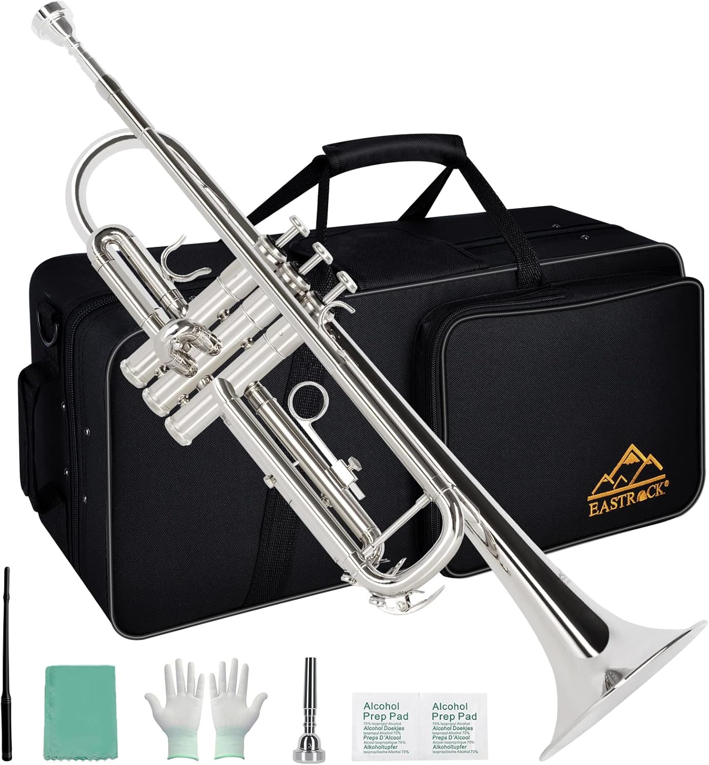 EASTROCK Bb Trumpet Standard Trumpet Set with Carrying Case,Gloves, 7C Mouthpiece and Cleaning Kit (Nickel Plated)