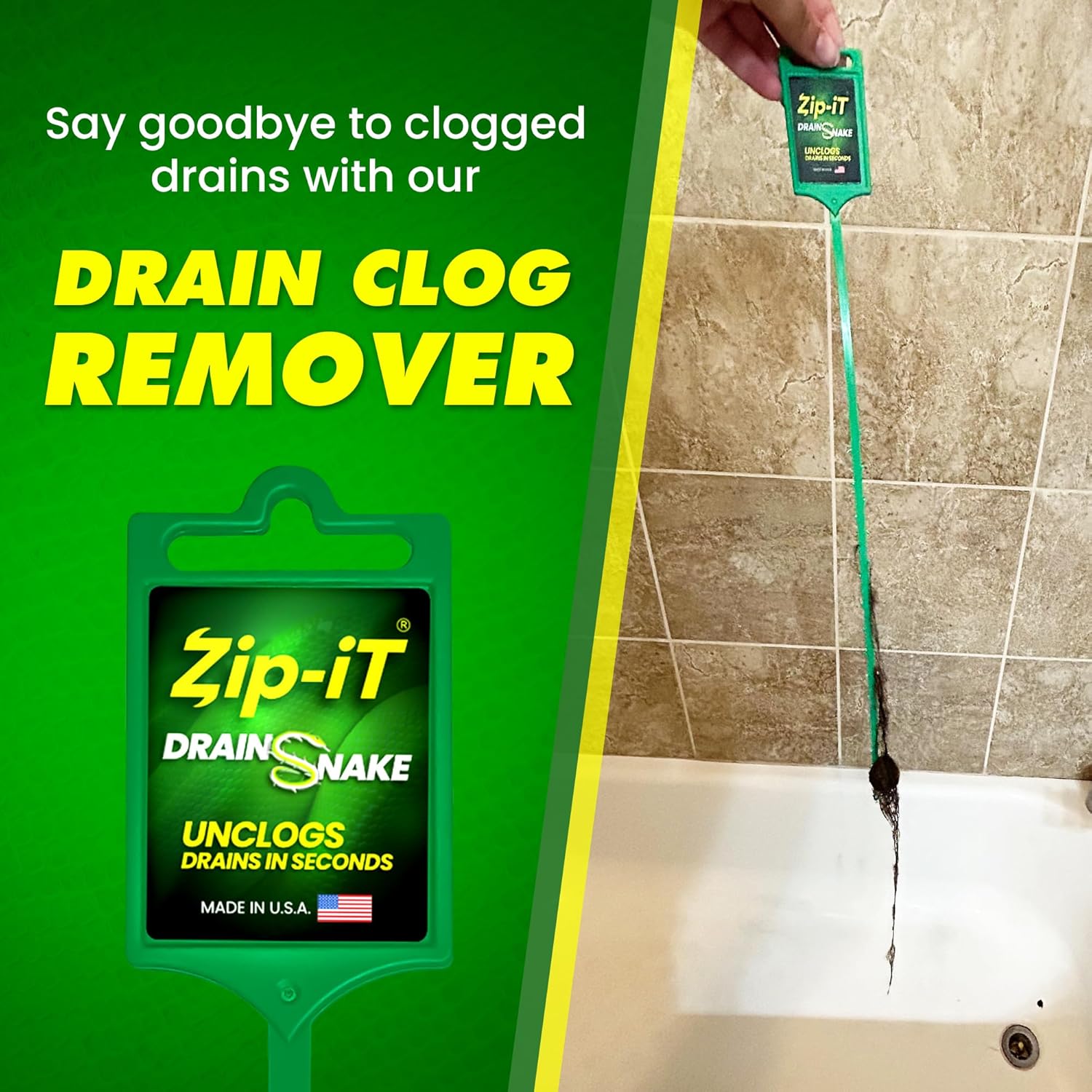 The original Zip-It Hair Clog Remover 25-inch Overall Length Drain Snake Cleaner (3-Pack), Unclog Your Sink, Shower, & Tub Drain In Seconds  Non-toxic, Made in the USA